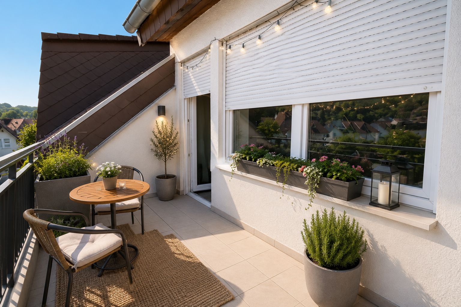 Balkon mit Tisch, zwei Stühlen, Pflanzen und Lichterkette an der Hauswand.