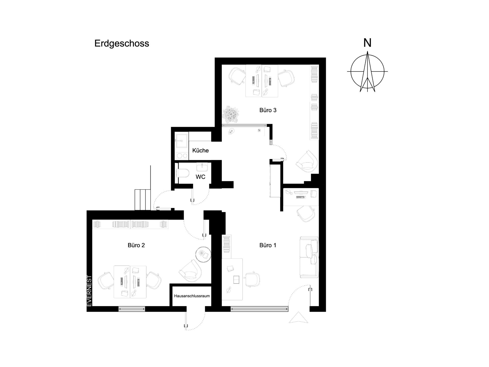 Grundriss des Erdgeschosses mit drei Büros, Küche, WC und Hausanschlussraum.