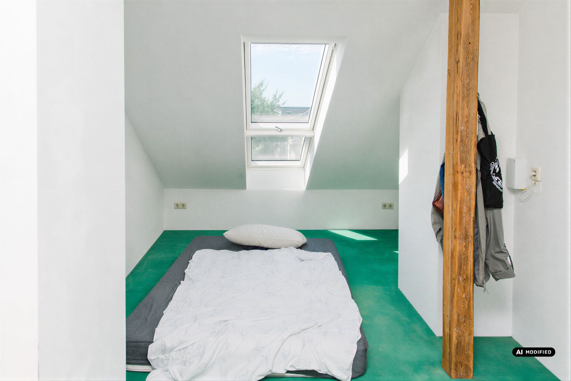 Schlichtes Schlafzimmer mit Matratze auf grünem Boden und Dachfenster.