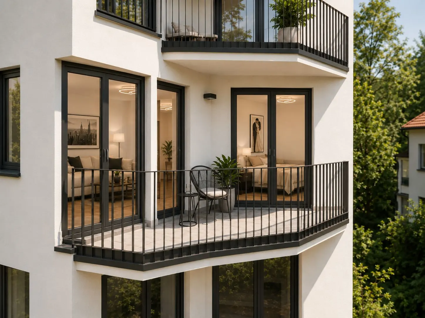 Moderne Wohnung mit großem Balkon, zwei Stühlen, Tisch und Pflanzen, große Fensterfronten sichtbar.