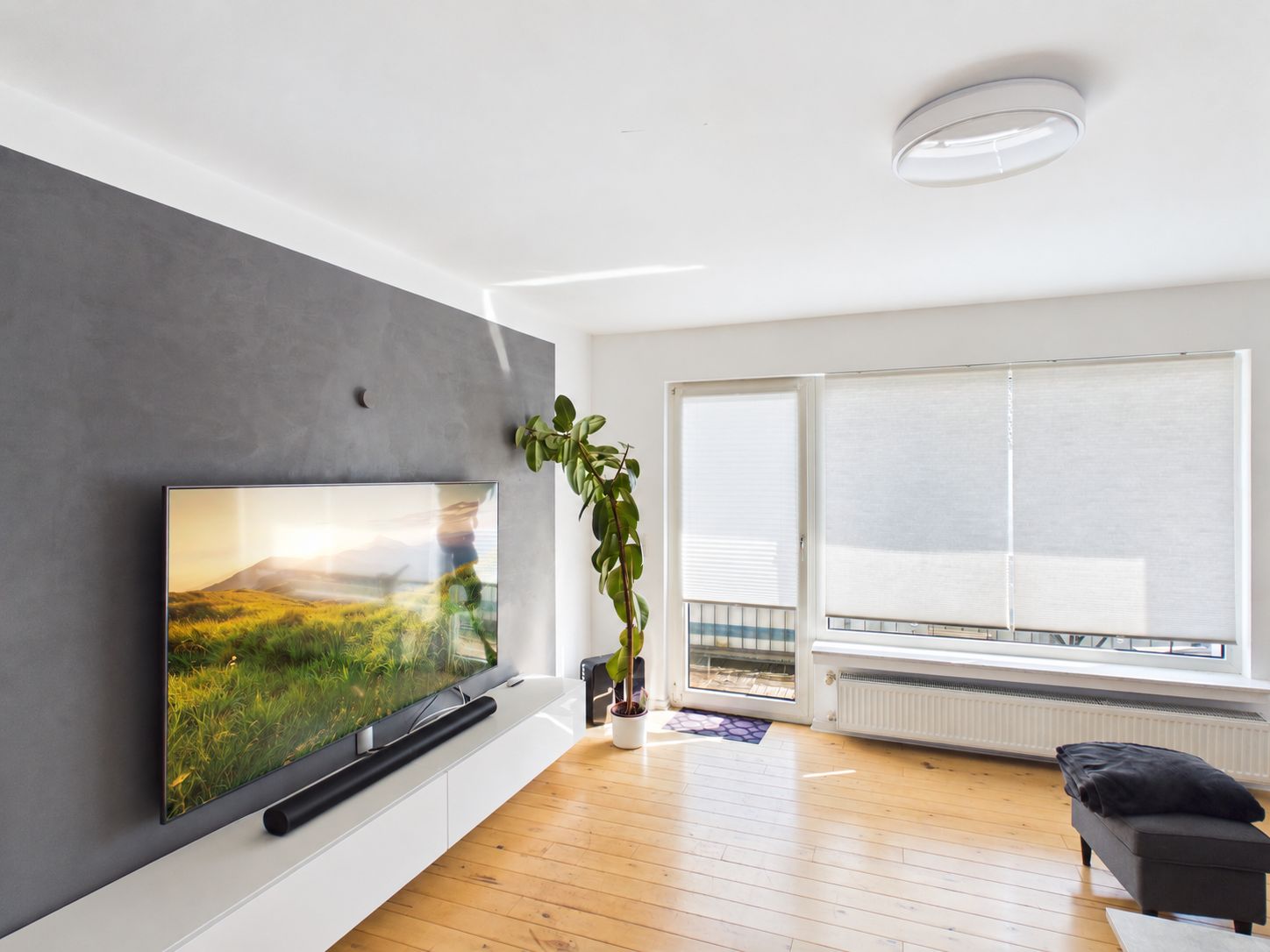 Helles Wohnzimmer mit großem Fernseher, Holzboden, Pflanze und Fenster mit Rollläden.