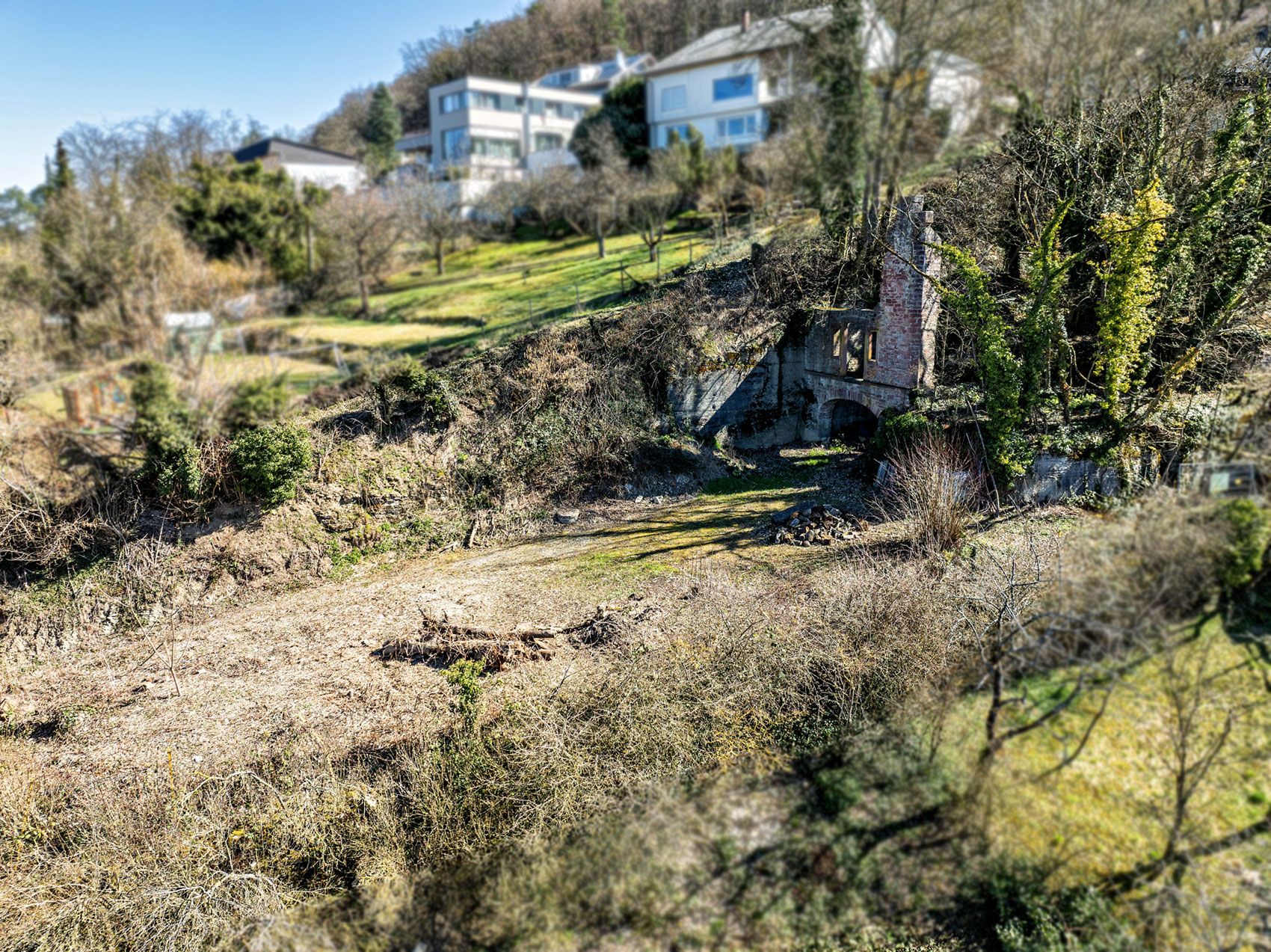 Hanggrundstück mit Bäumen, Sträuchern und einer alten Ruinenmauer, im Hintergrund Wohnhäuser.