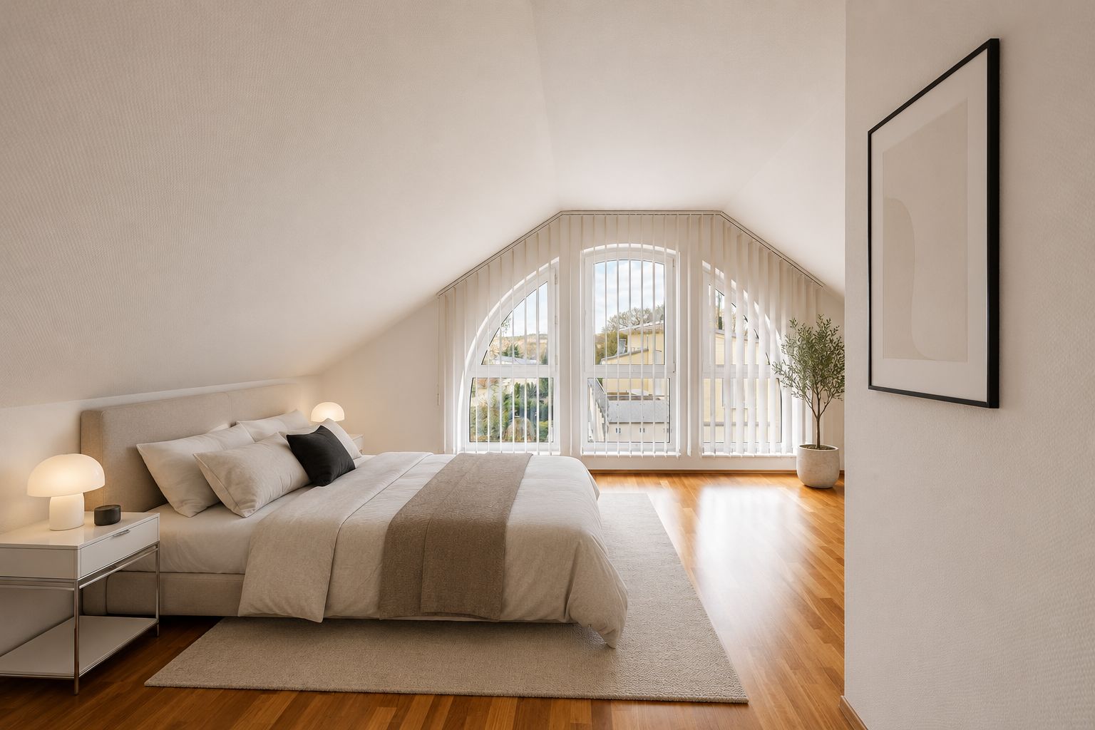 Helles Schlafzimmer mit Doppelbett, großen Fenstern, Holzboden und einem Nachttisch mit Lampen.