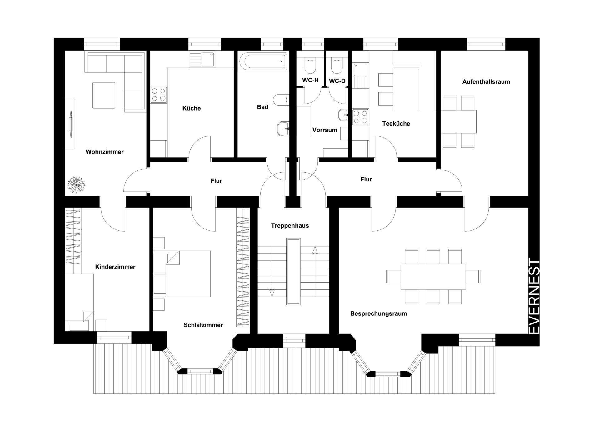 Grundriss einer Wohnung mit Wohnzimmer, Küche, Schlafzimmer, Kinderzimmer, Bad, WC und Aufenthaltsraum.