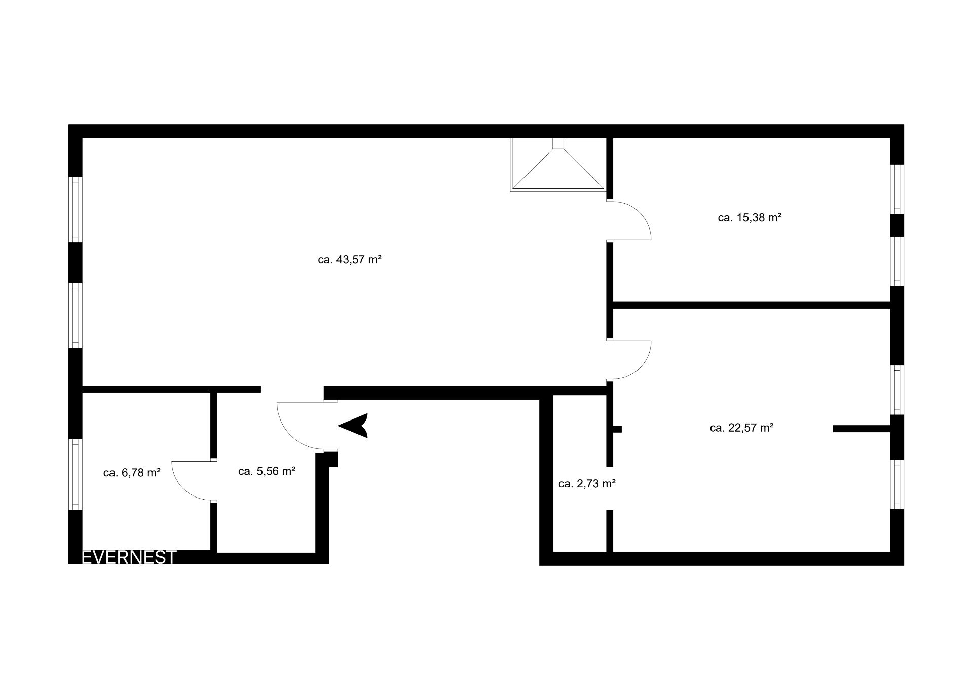 Grundriss mit sechs unterschiedlich großen Räumen und Flächenangaben in Quadratmetern.
