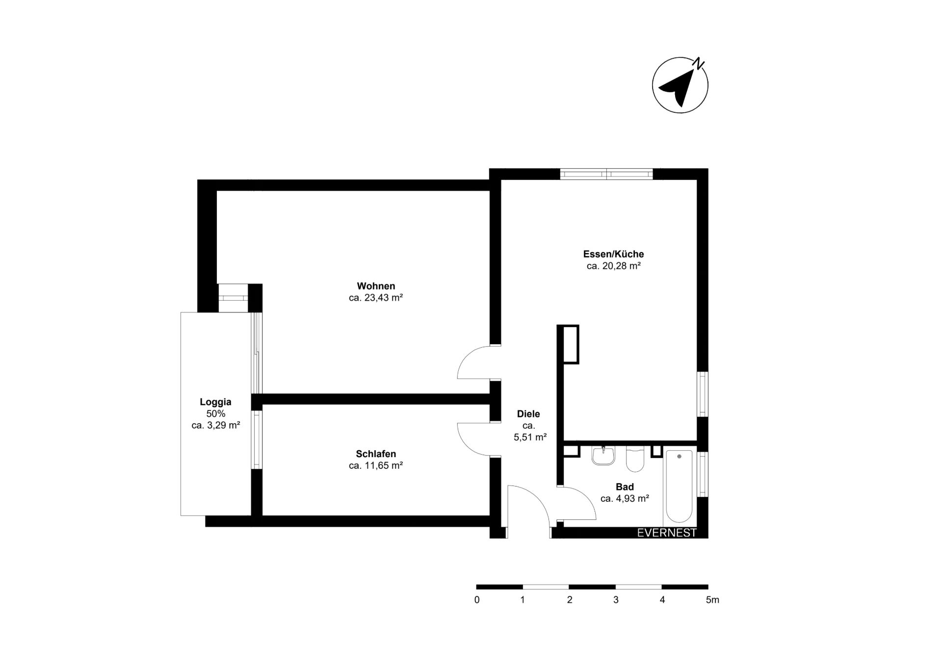 Grundriss einer Wohnung mit Wohnzimmer, Schlafzimmer, Essküche, Bad, Diele und Loggia.