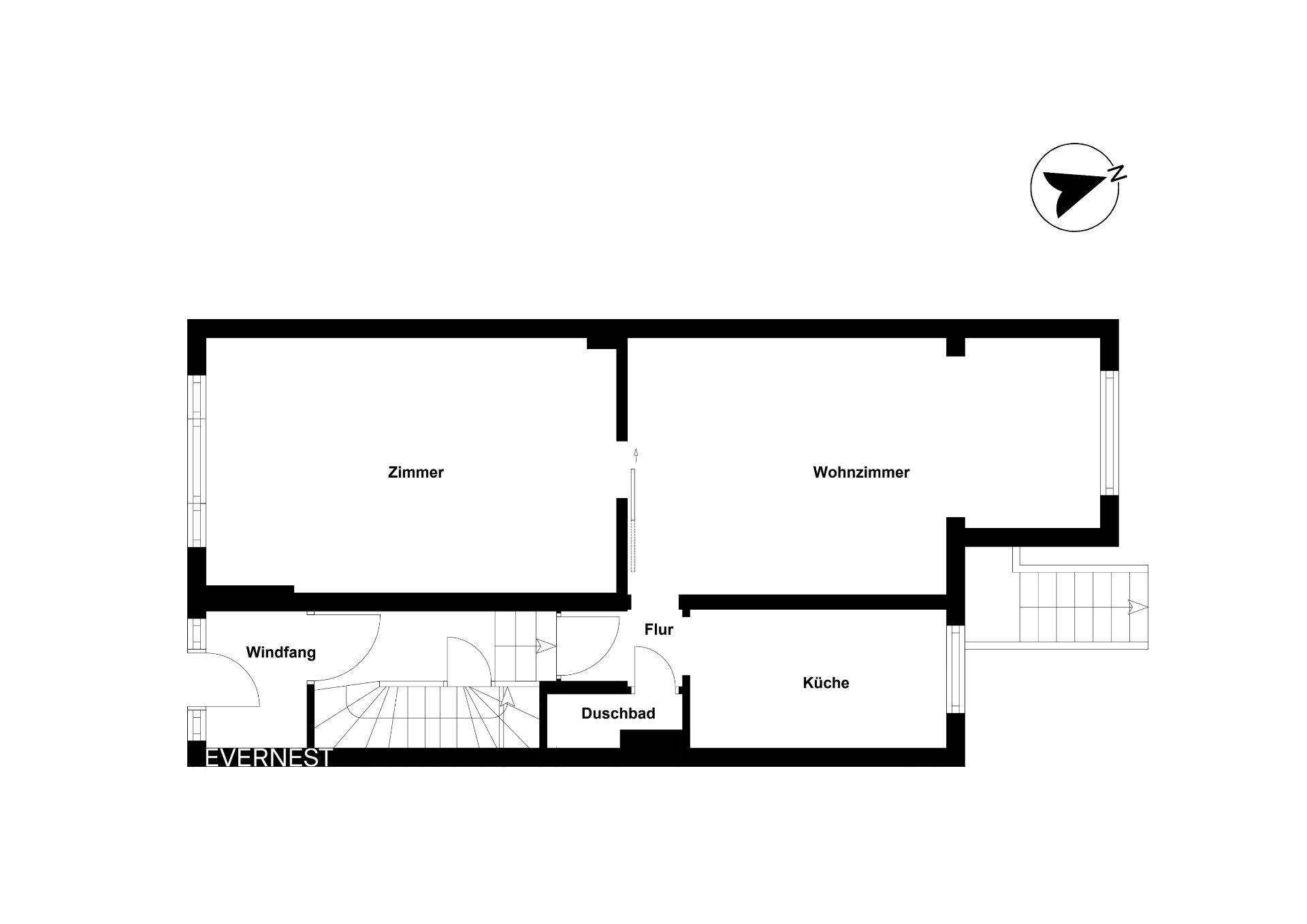 Grundriss mit Zimmer, Wohnzimmer, Küche, Duschbad, Flur und Windfang.
