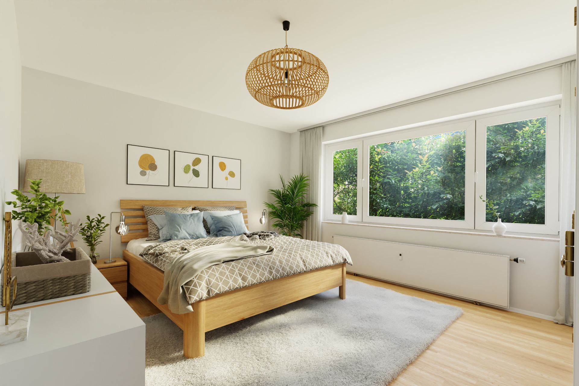Helles Schlafzimmer mit Holzbett, großem Fenster, Pflanzen und Teppich auf Holzboden.