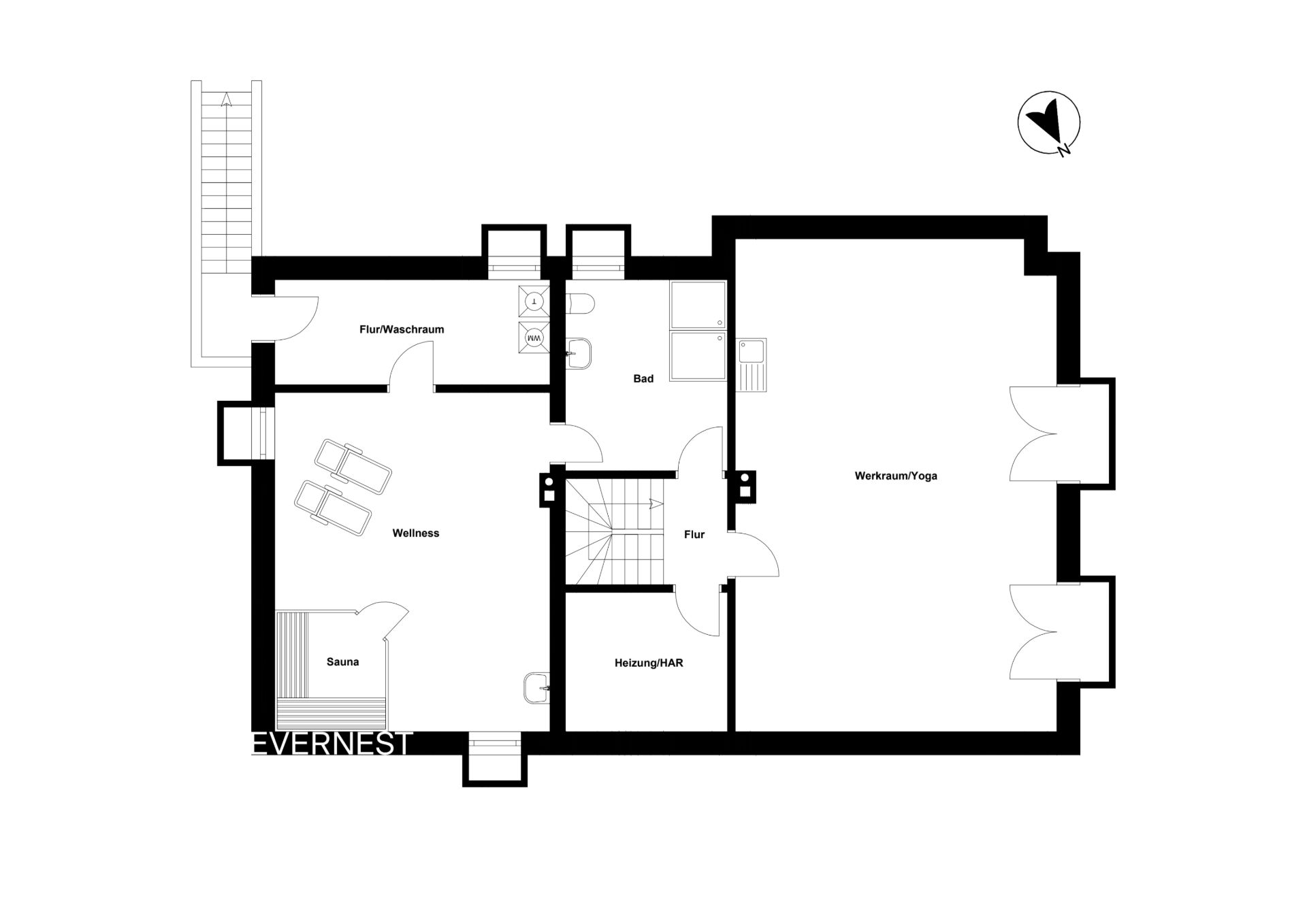 Grundriss mit Sauna, Wellnessbereich, Waschraum, Bad, Heizraum und Werkraum/Yoga.