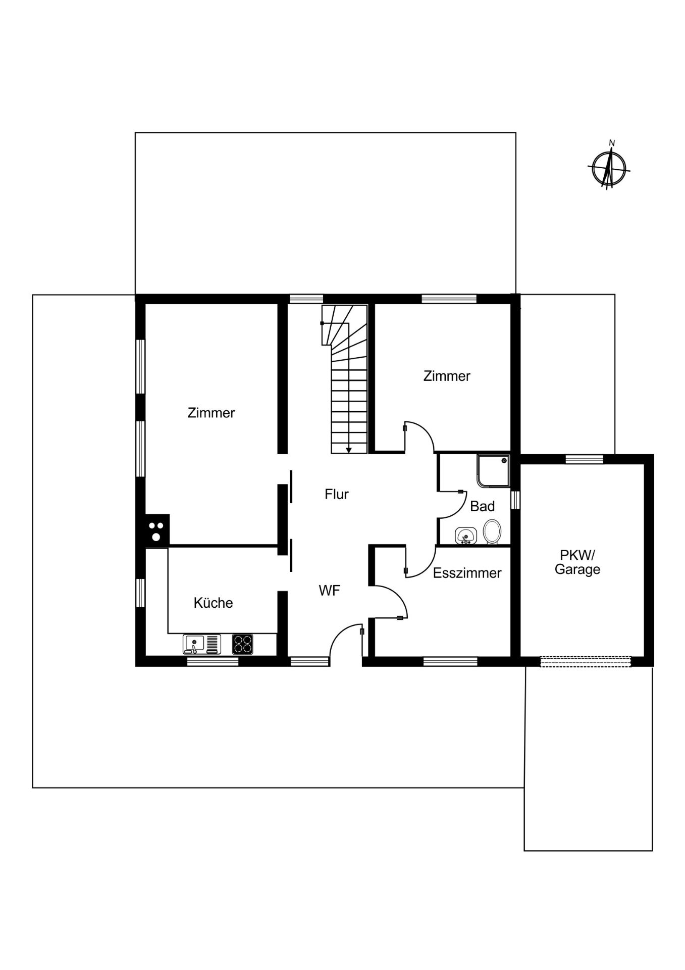 Grundriss mit zwei Zimmern, Küche, Esszimmer, Bad, Flur und Garage.