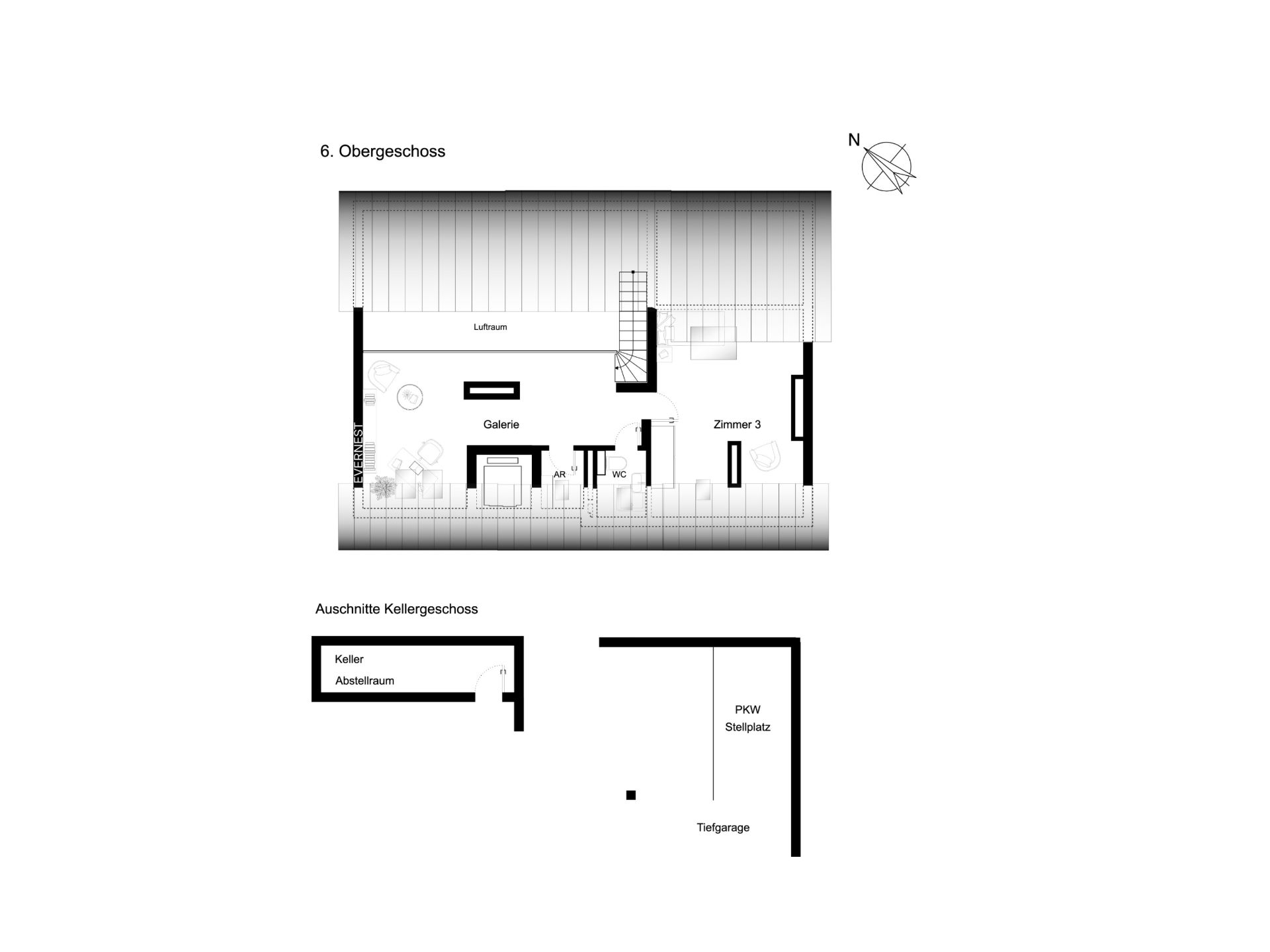 Grundriss mit Wohnraum, Galerie, Zimmer, WC, Kellerraum und Stellplatz in Tiefgarage.