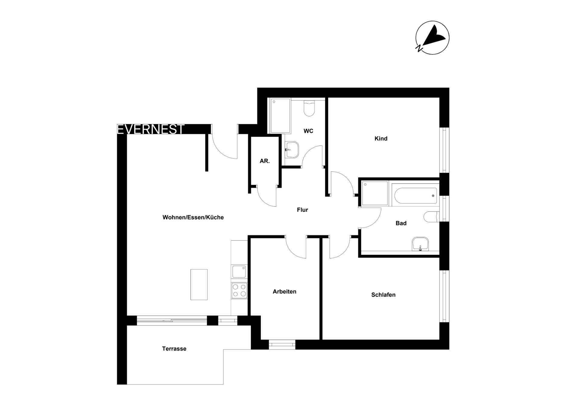 Grundriss einer Wohnung mit Terrasse, Wohnzimmer, Küche, Bad, WC, Schlafzimmer, Kinderzimmer und Arbeitszimmer.