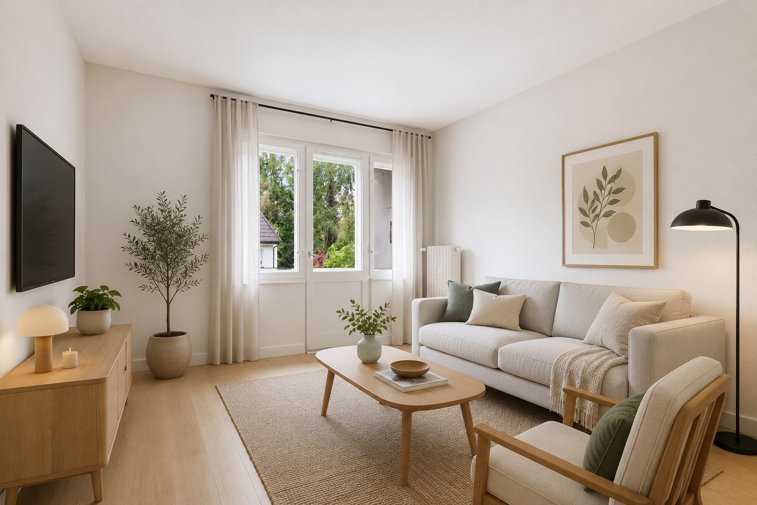 Modernes Wohnzimmer mit Sofa, Sessel, Couchtisch, Fernseher und großen Fenstern.