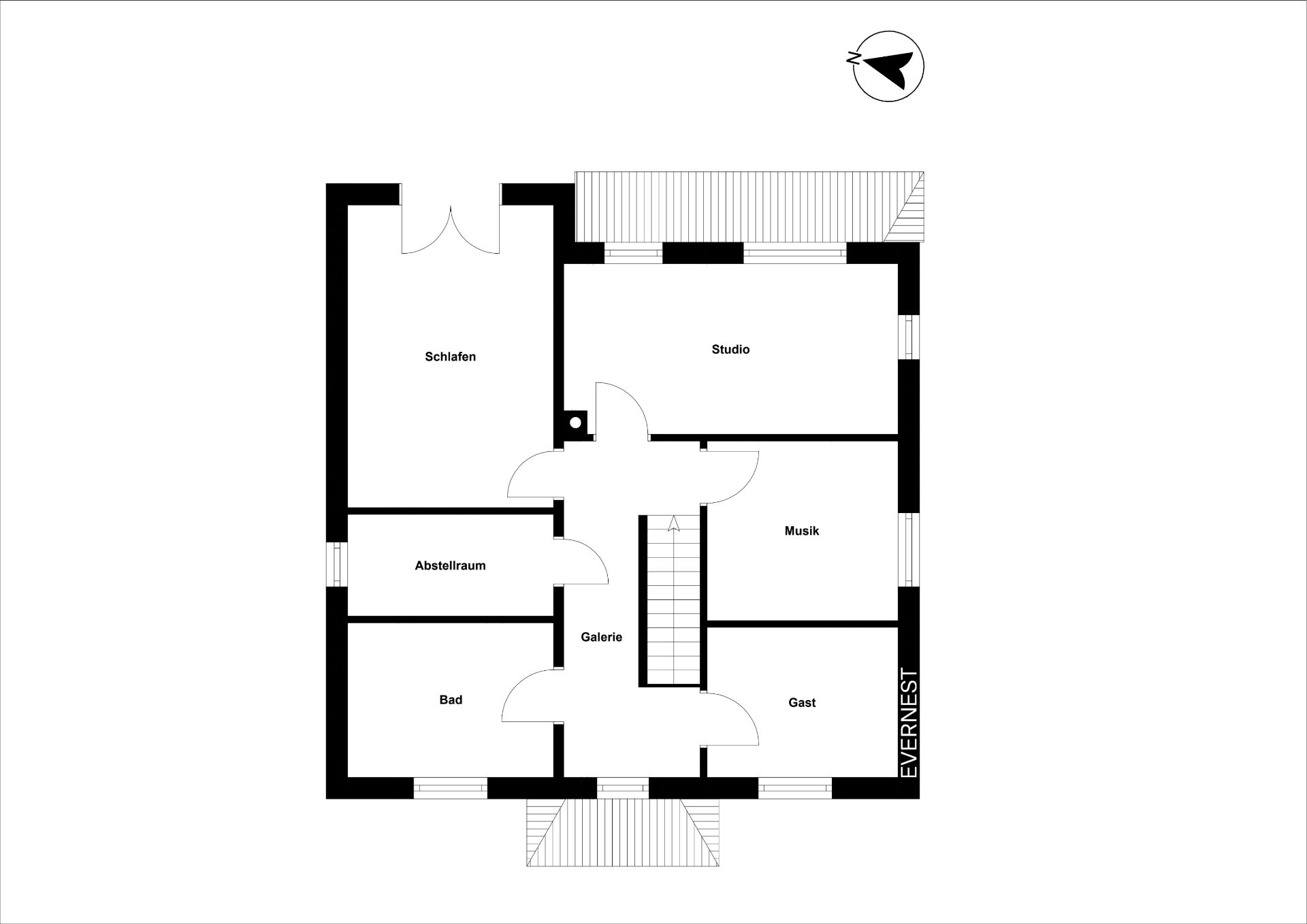 Grundriss mit Räumen: Schlafen, Studio, Musik, Abstellraum, Bad, Galerie und Gast.