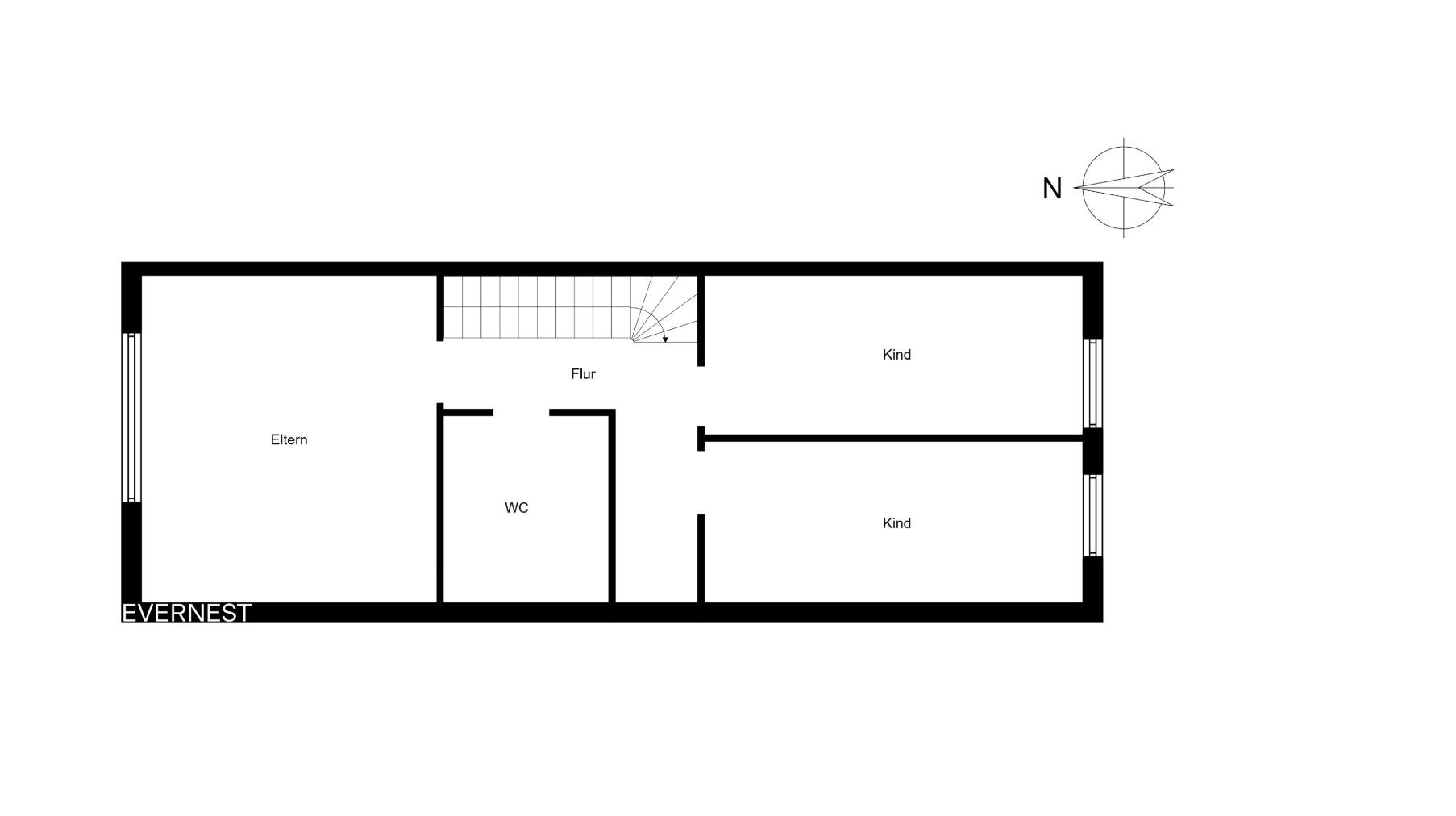 Grundriss mit Schlafzimmer, zwei Kinderzimmern, WC und Flur.