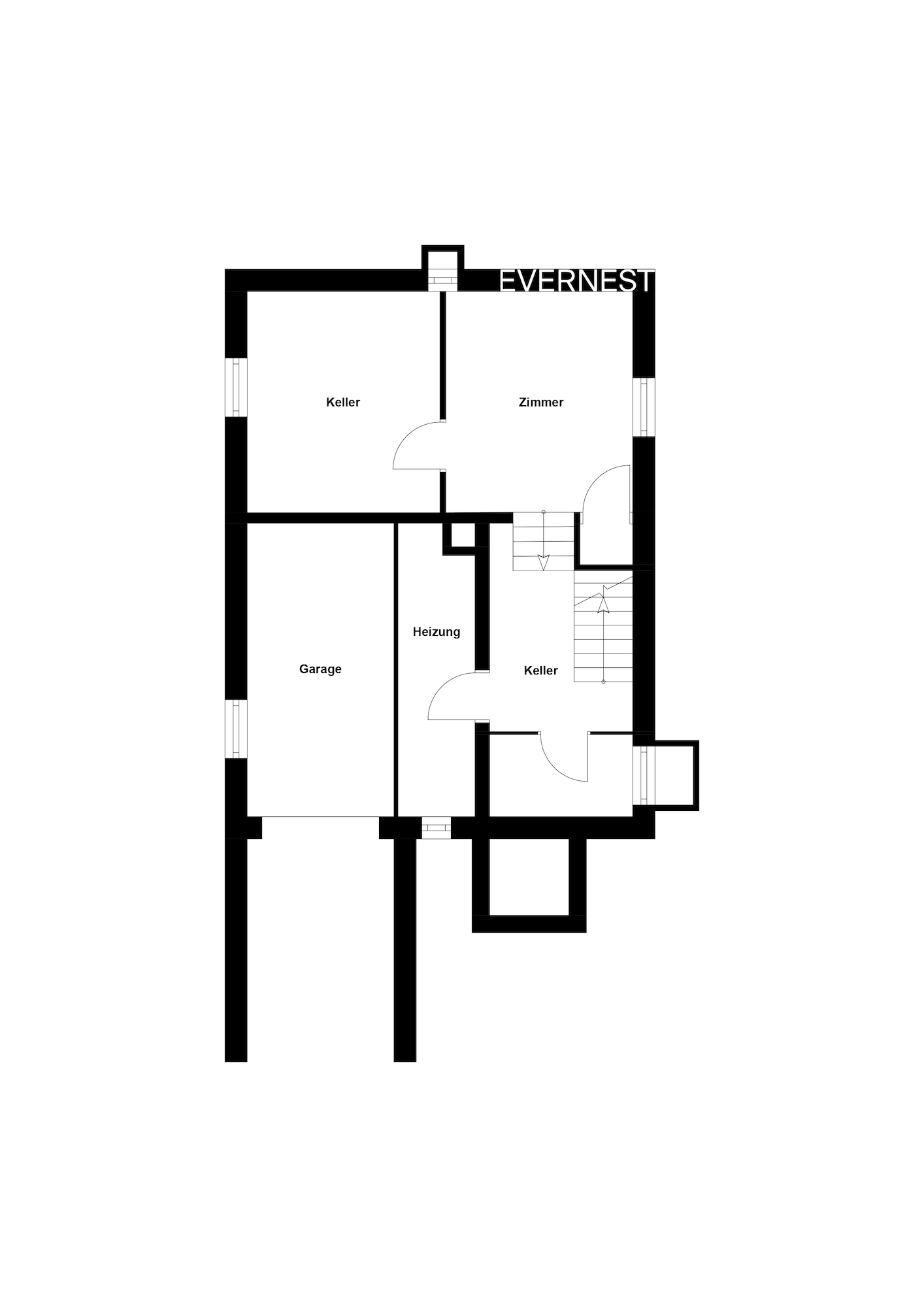 Grundriss eines Kellers mit Garage, zwei Kellerräumen, Heizung und einem Zimmer.