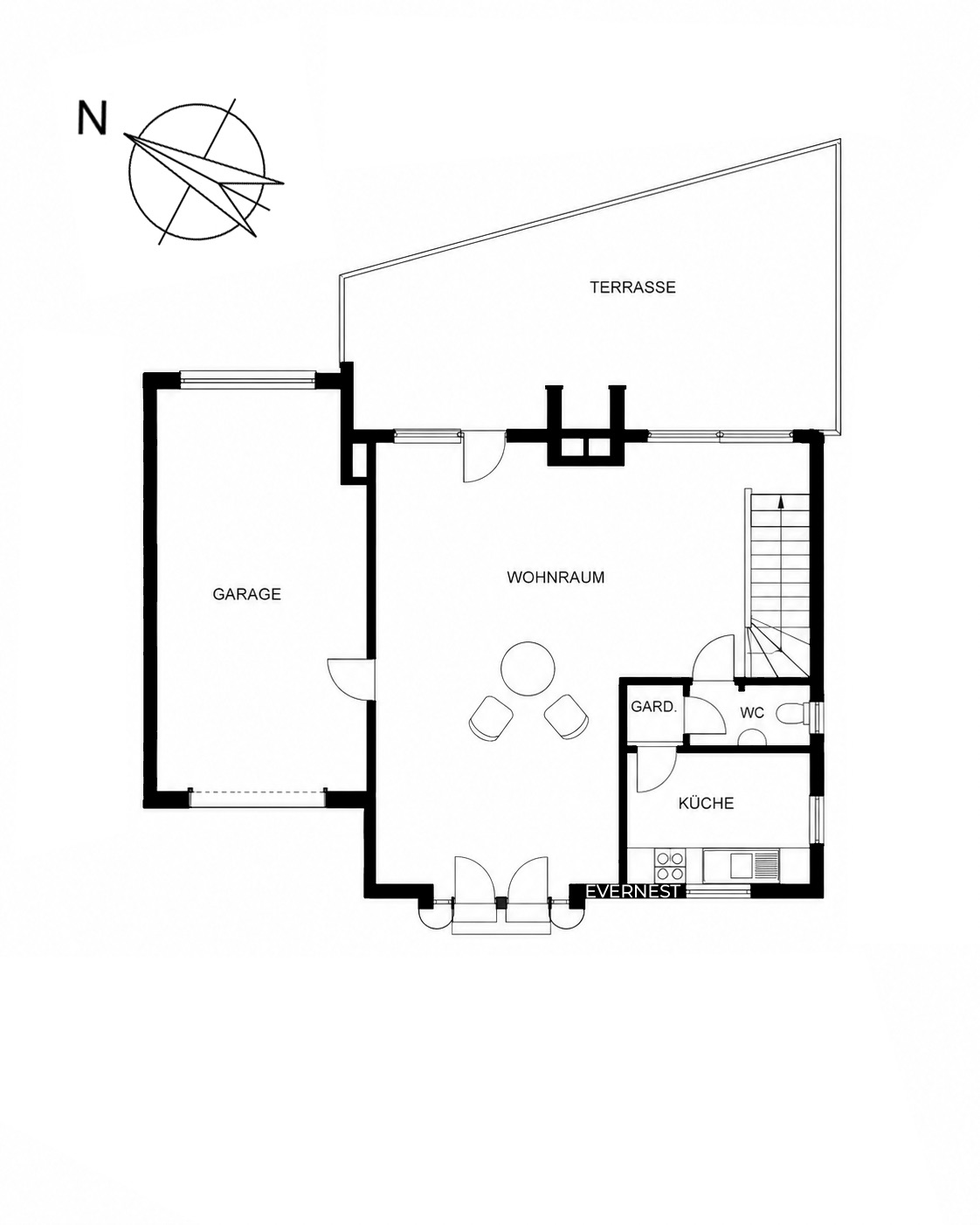 Grundriss mit Garage, Wohnraum, Küche, WC, Garderobe und Terrasse.