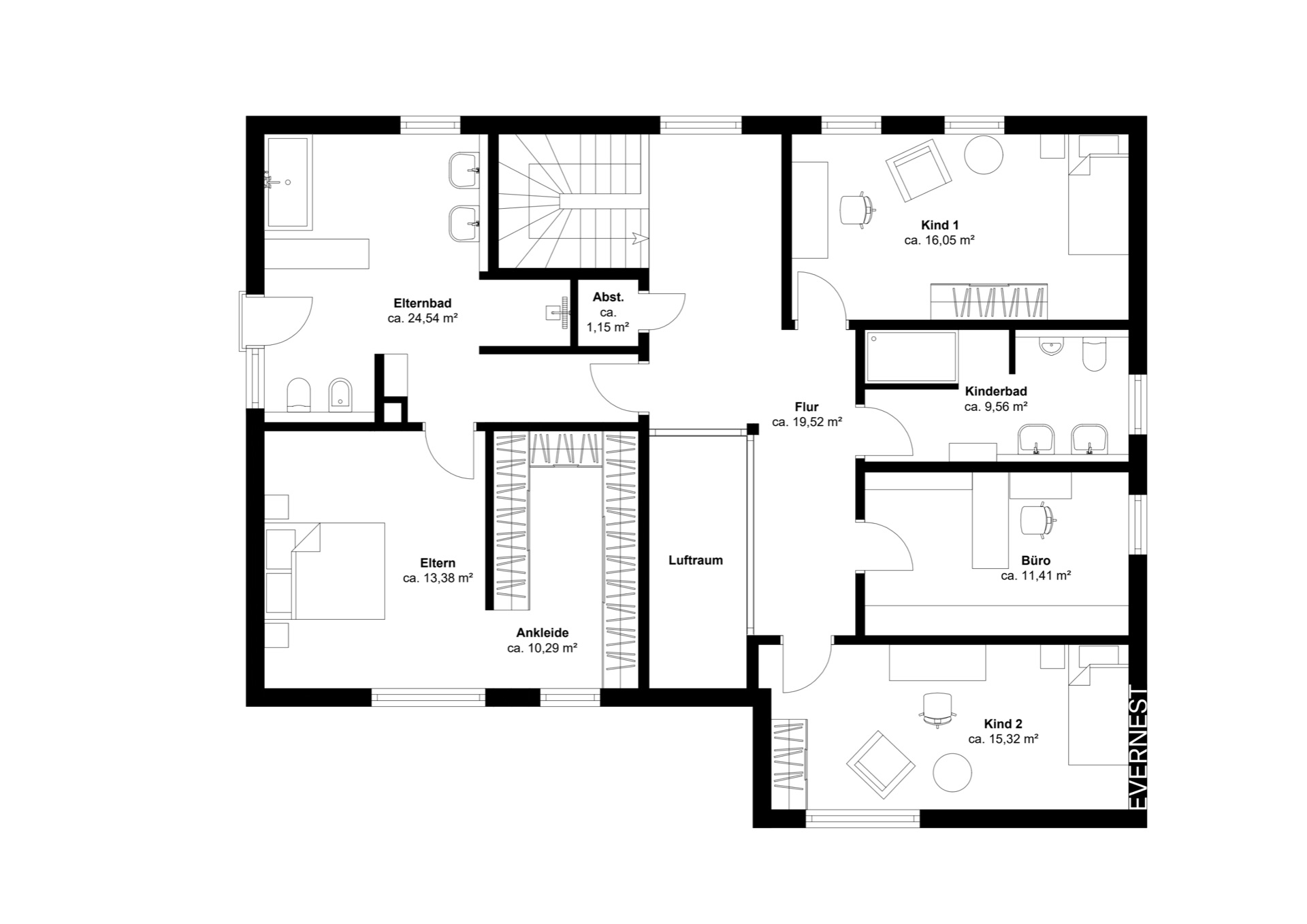 Grundriss einer Wohnung mit Schlafzimmer, Kinderzimmern, Bädern, Büro und Flur.