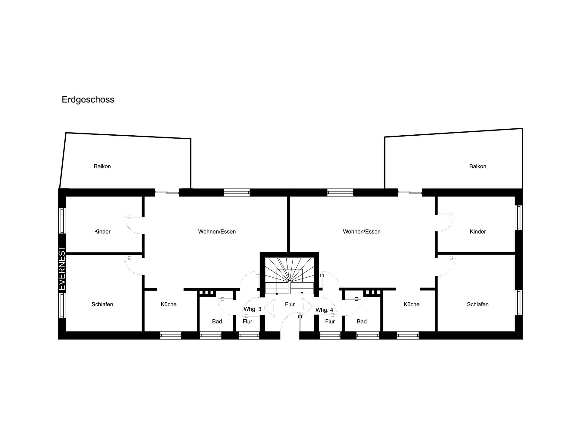 Grundriss des Erdgeschosses mit zwei Wohnungen, je mit Balkon, Küche, Bad, Wohn-Essbereich, Schlaf- und Kinderzimmer.