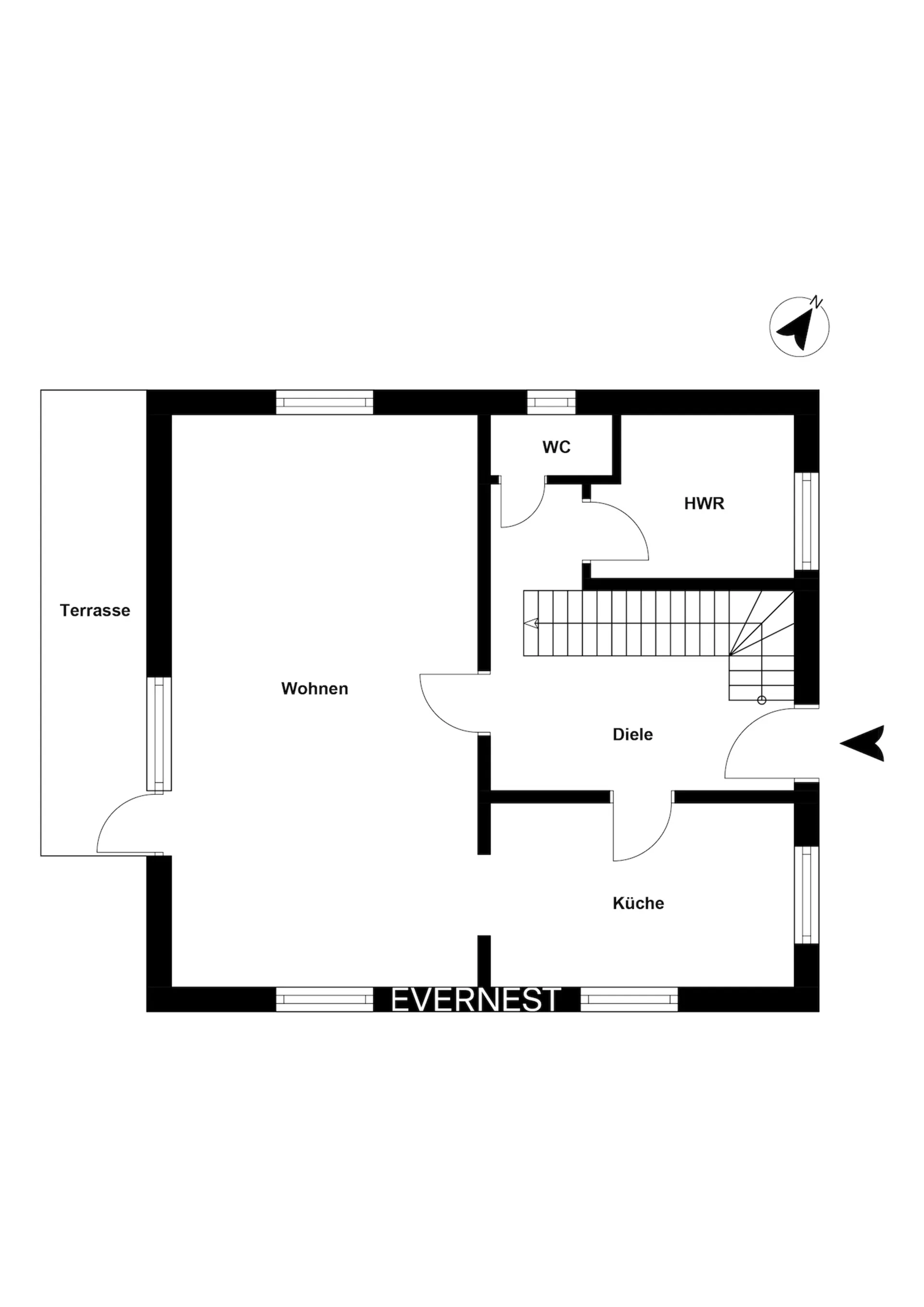 Grundriss mit Terrasse, Wohnzimmer, Küche, Diele, WC und Hauswirtschaftsraum.