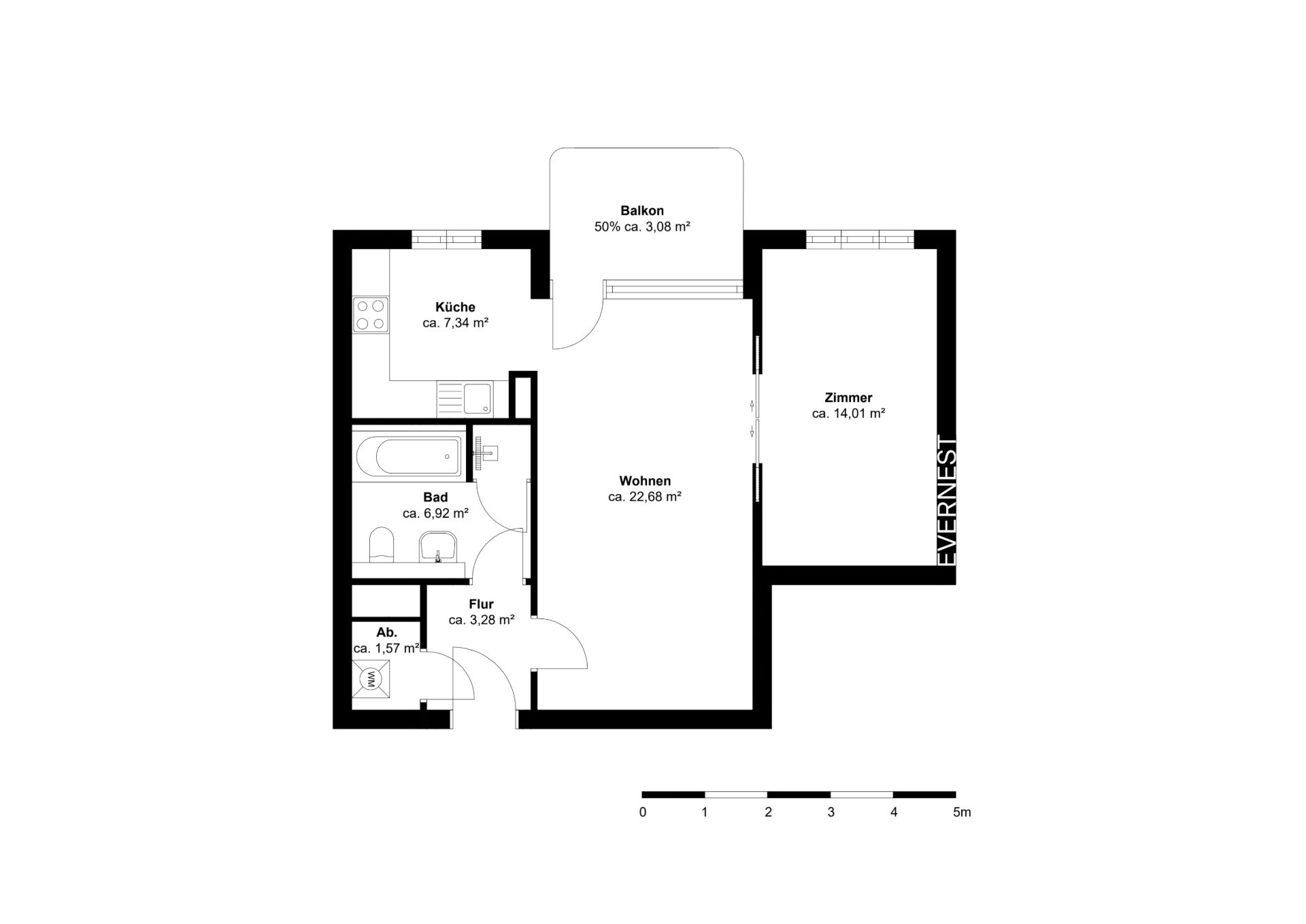 Grundriss einer Wohnung mit Zimmer, Wohnzimmer, Küche, Bad, Abstellraum, Flur und Balkon.