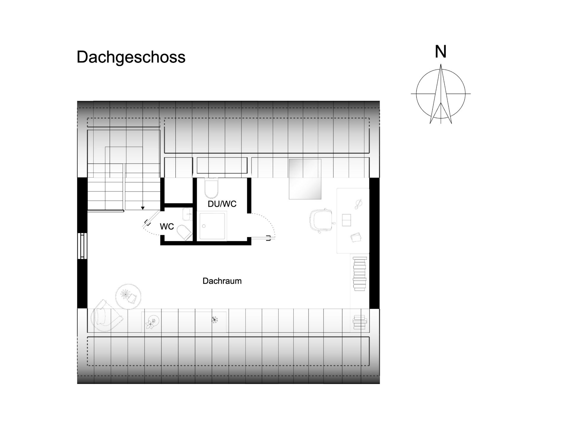 Grundriss eines Dachgeschosses mit Dachraum, WC und DU/WC.