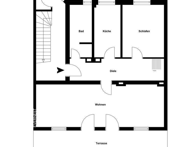 Grundriss einer Wohnung mit Bad, Küche, Schlafen, Diele, Wohnen und Terrasse.