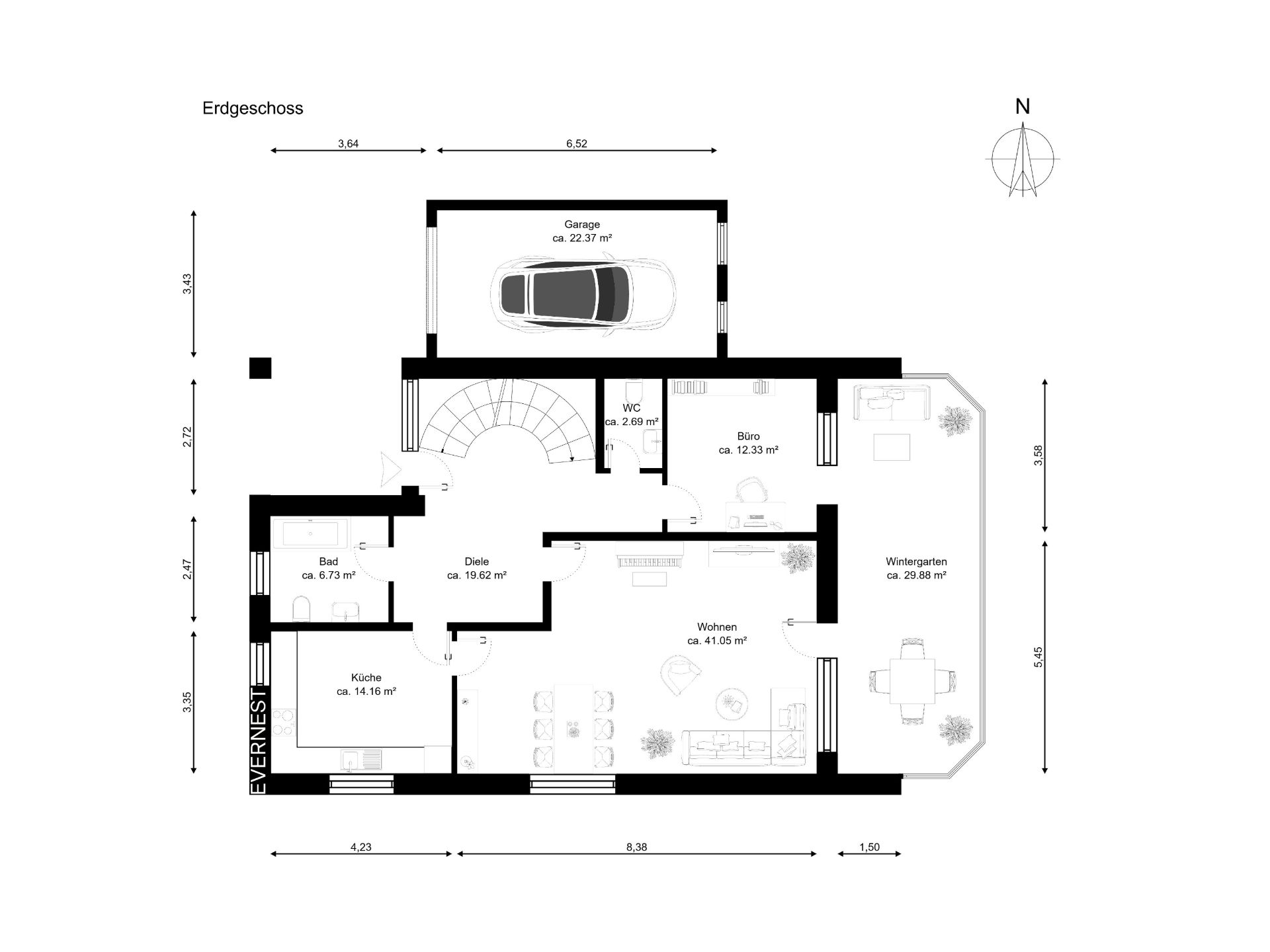 Grundriss des Erdgeschosses mit Garage, Küche, Bad, Büro, Wohnzimmer und Wintergarten.