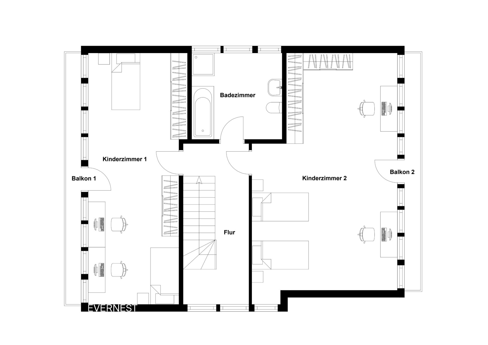 Grundriss mit Flur, Badezimmer, zwei Kinderzimmern und zwei Balkonen.