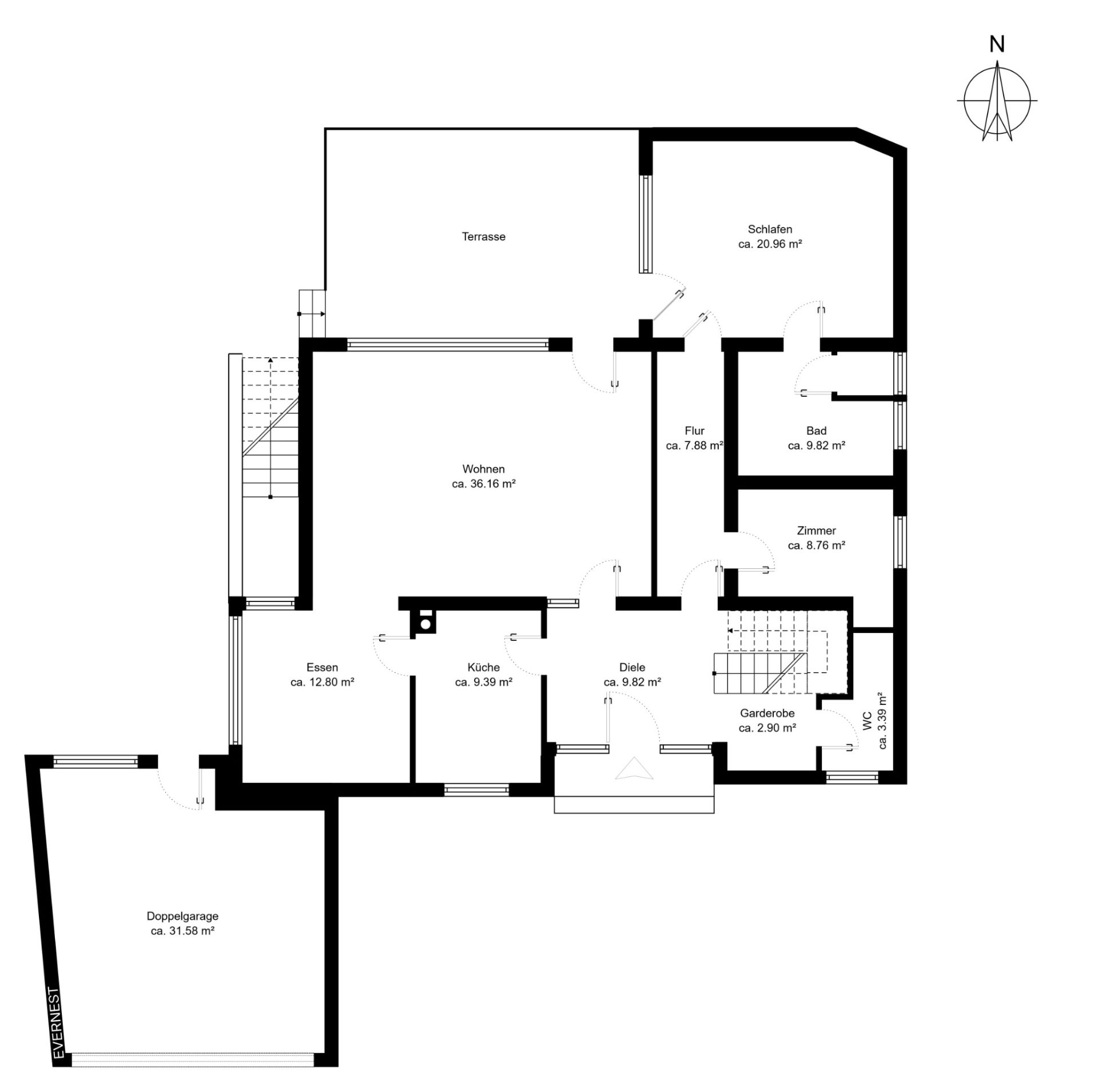 Grundriss eines Hauses mit Garage, Terrasse, Wohn-, Schlaf-, Esszimmer, Küche und Bad.