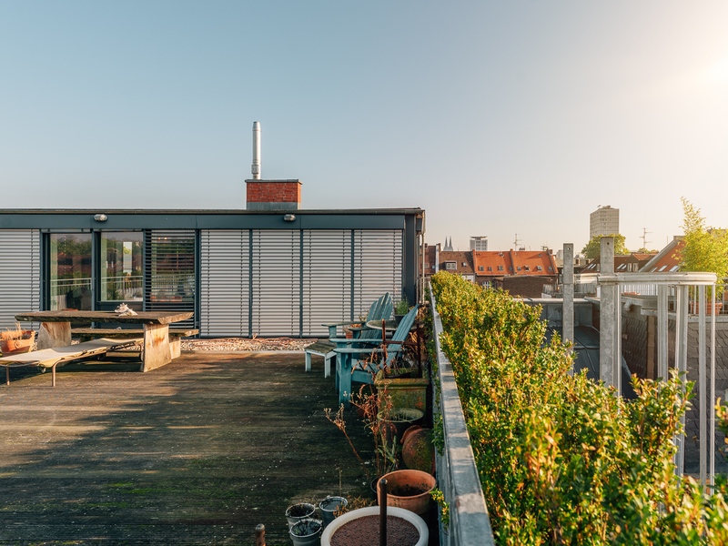 Dachterrasse mit Holzboden, Sitzbänken und Grünpflanzen, Blick auf die Stadt.