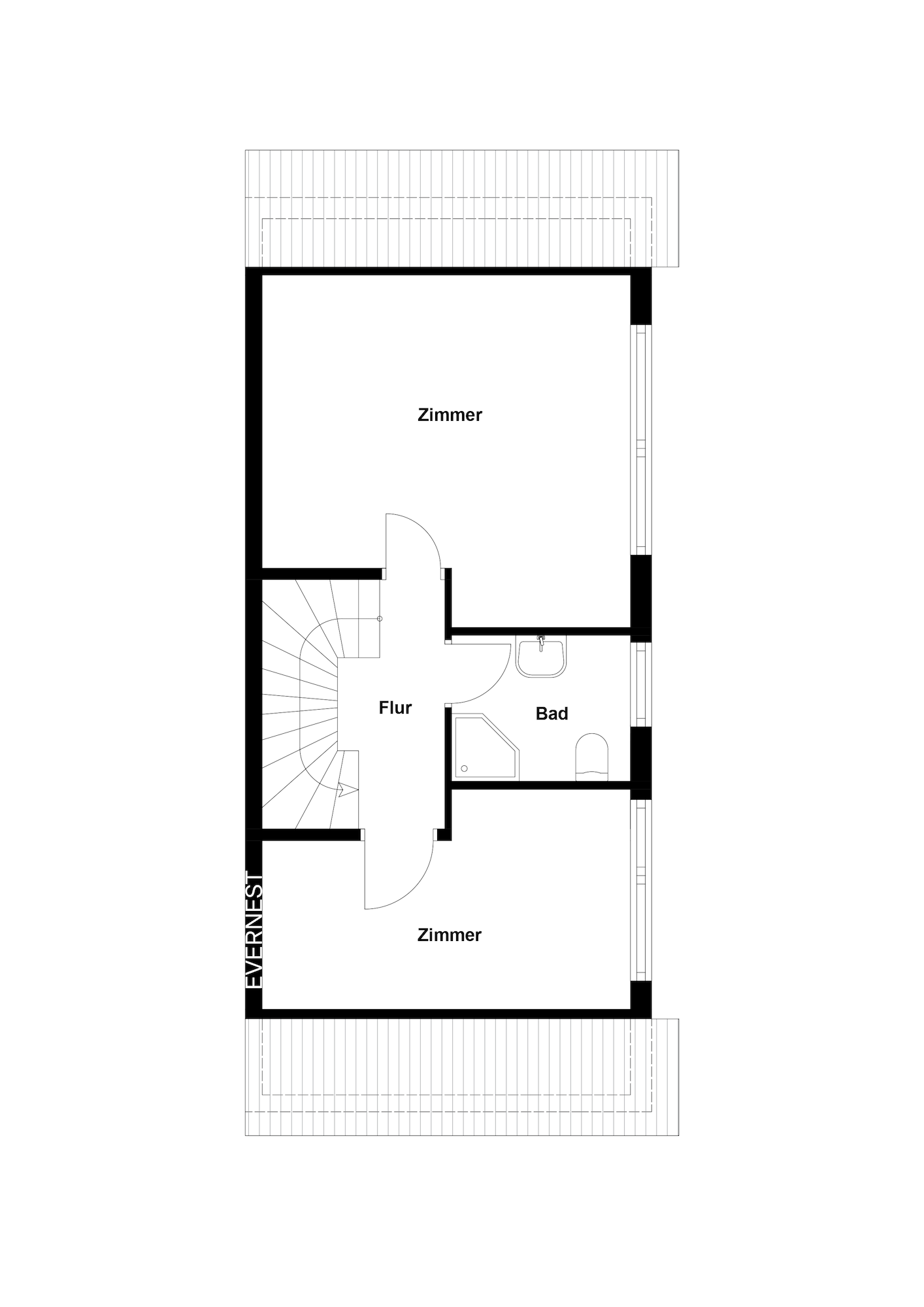 Grundriss mit zwei Zimmern, Flur und Bad, sowie einer Treppe.