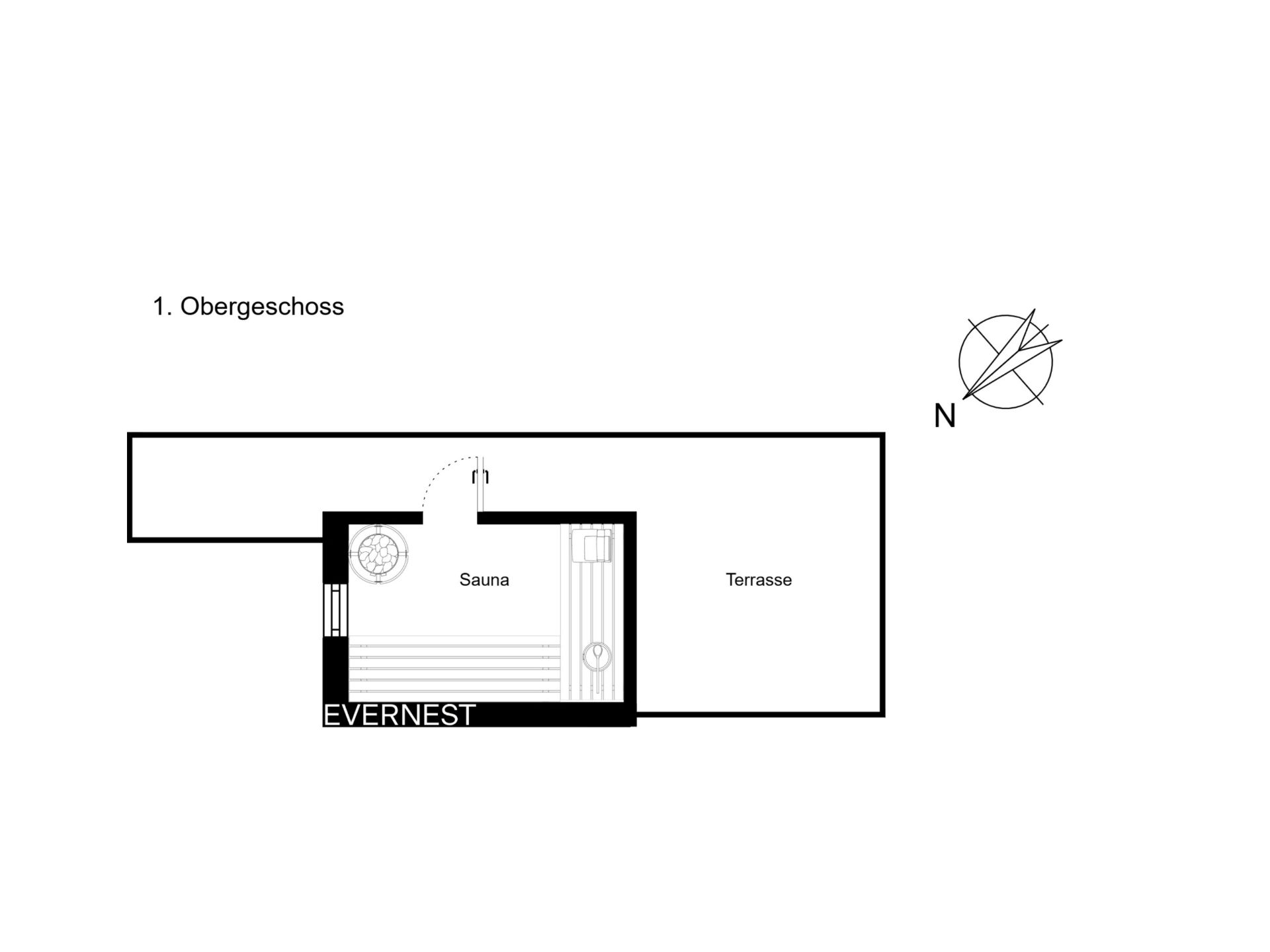 Grundriss eines Obergeschosses mit Sauna und Terrasse.