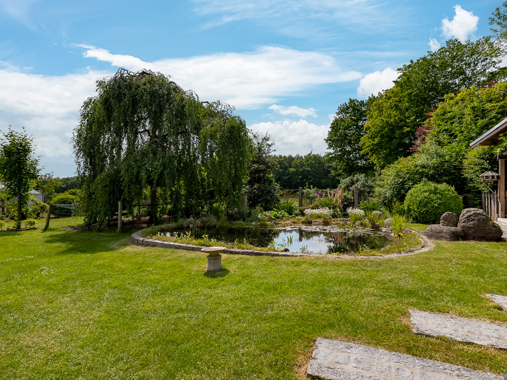 Großer Garten mit Teich, Rasenfläche, Bäumen und Blumenbeeten unter blauem Himmel.