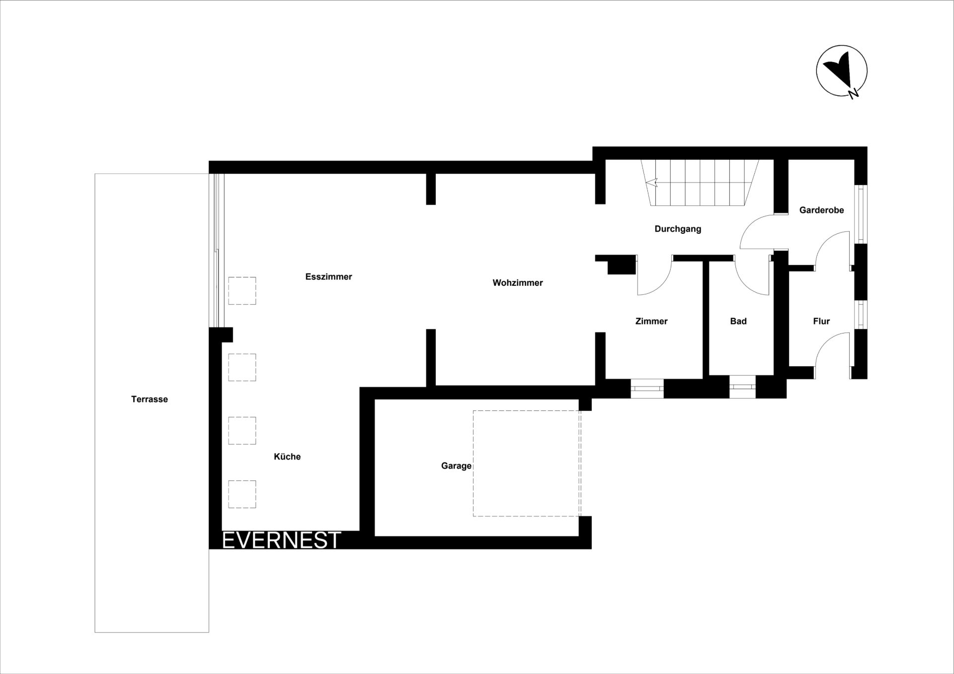 Grundriss eines Hauses mit Terrasse, Küche, Esszimmer, Wohnzimmer, Zimmer, Bad und Garage.
