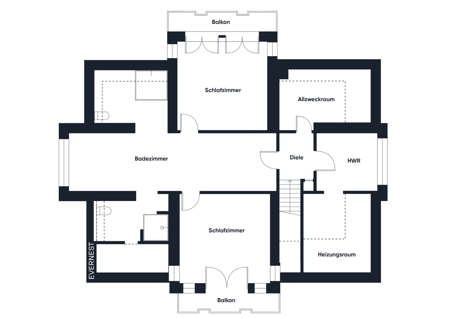 Grundriss mit zwei Schlafzimmern, Badezimmer, Hauswirtschaftsraum, Allzweckraum und zwei Balkonen.