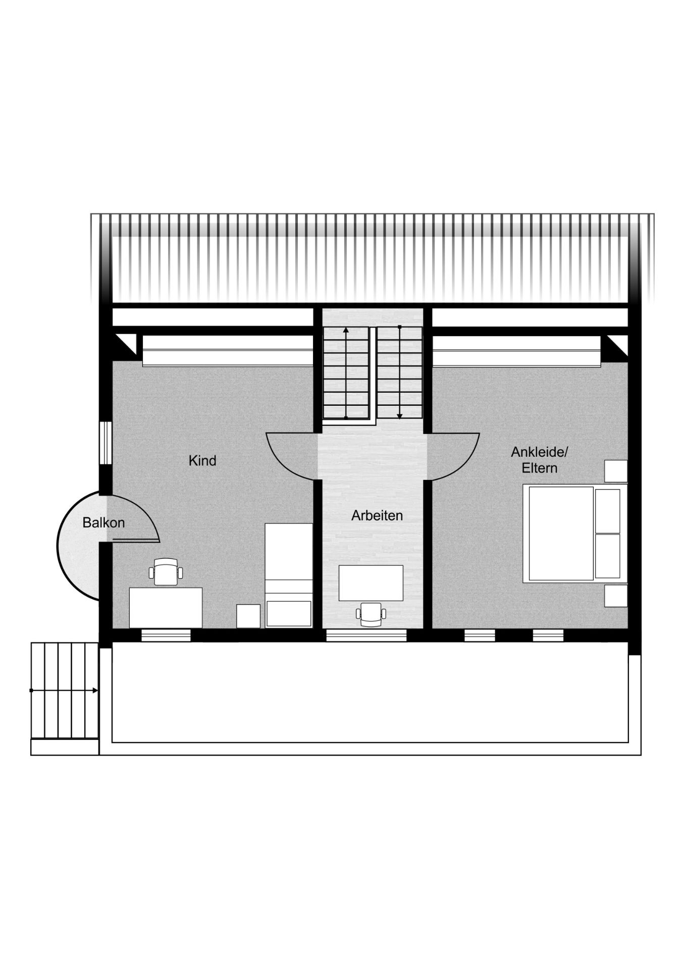 Grundriss einer Etage mit Kinderzimmer, Arbeitsbereich, Elternzimmer und Balkon.
