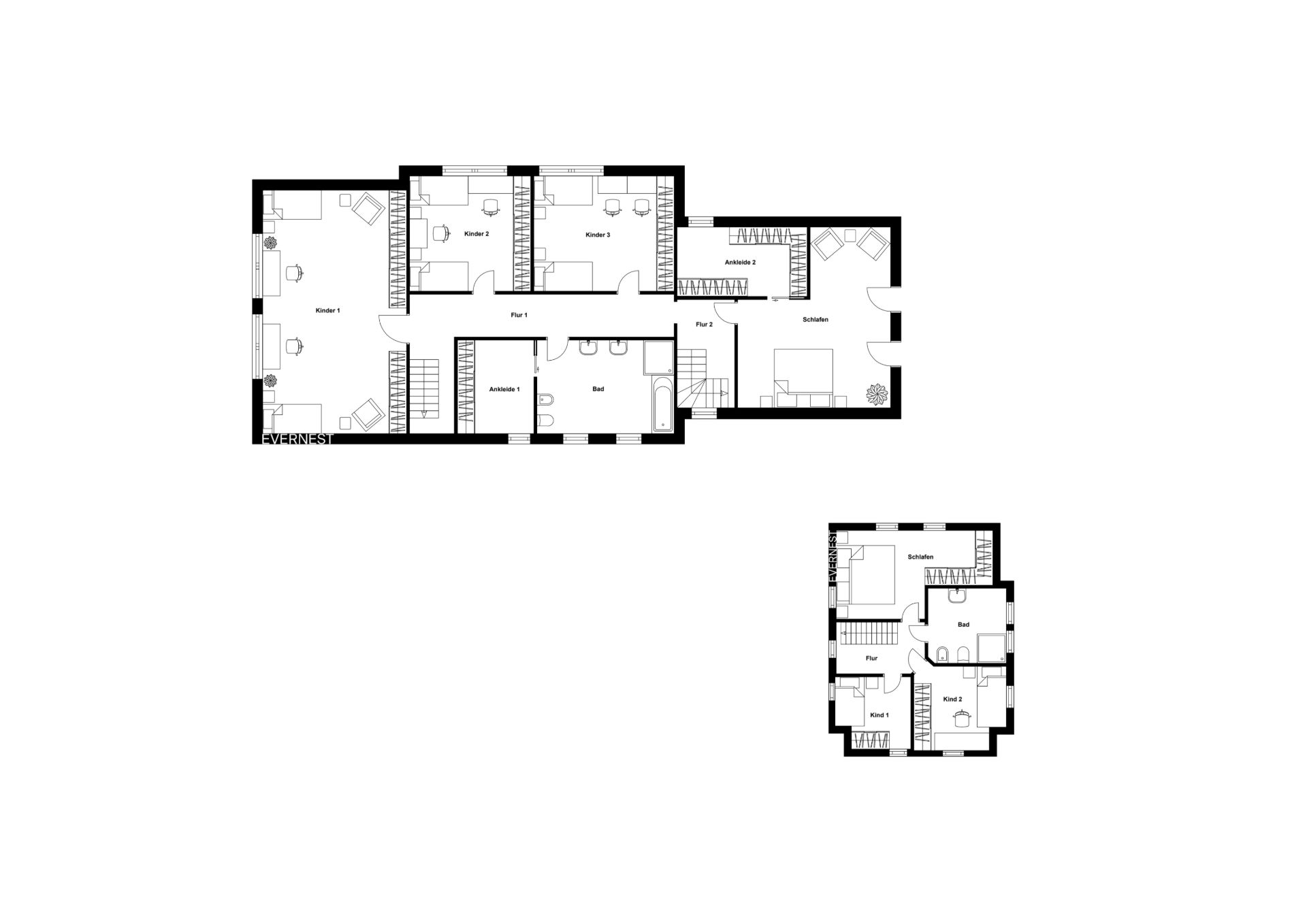 Zwei Grundrisse eines Wohnhauses mit mehreren Zimmern und Treppen.