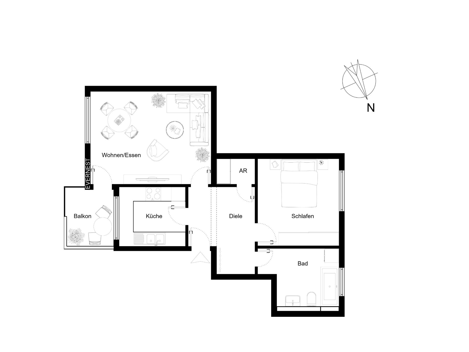 Grundriss einer Wohnung mit Balkon, Wohnzimmer, Küche, Schlafzimmer, Bad und Abstellraum.