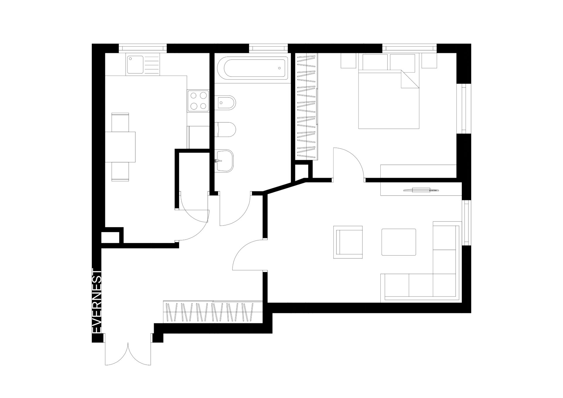 Grundriss einer Wohnung mit Schlafzimmer, Wohnzimmer, Küche und Bad.