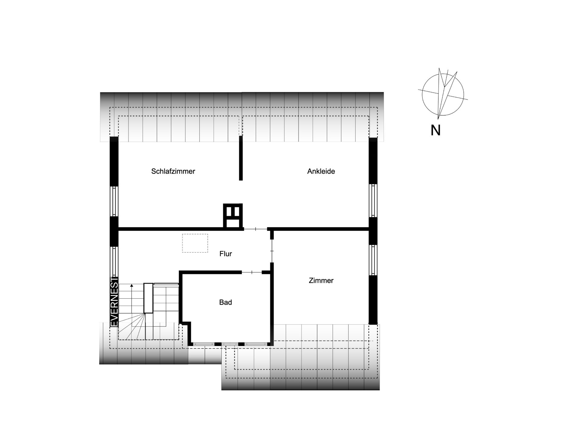 Grundriss eines Wohnbereichs mit Schlafzimmer, Ankleide, Zimmer, Bad und Flur.