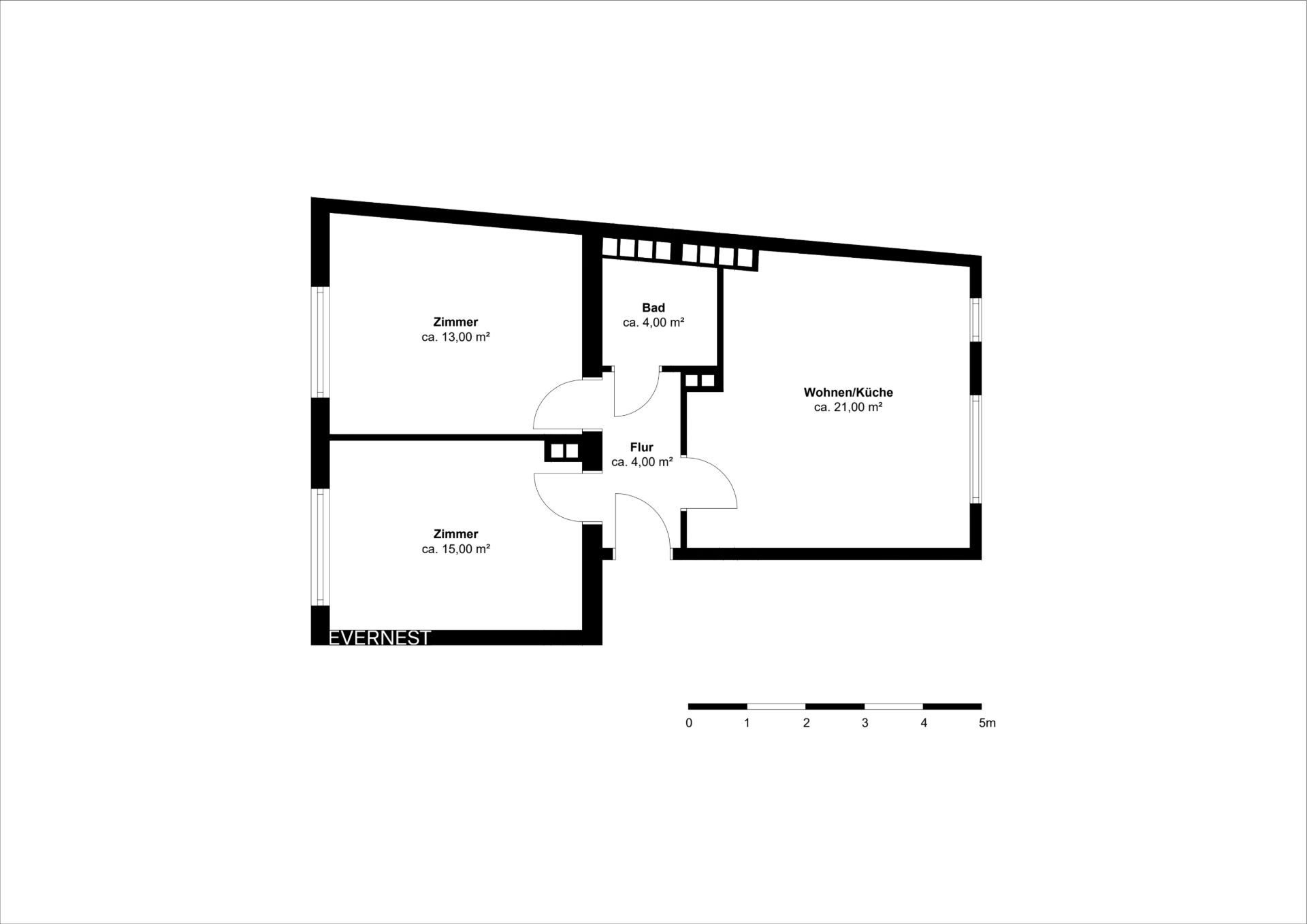 Wohnungsgrundriss mit zwei Zimmern, Bad, Flur und Wohnküche.