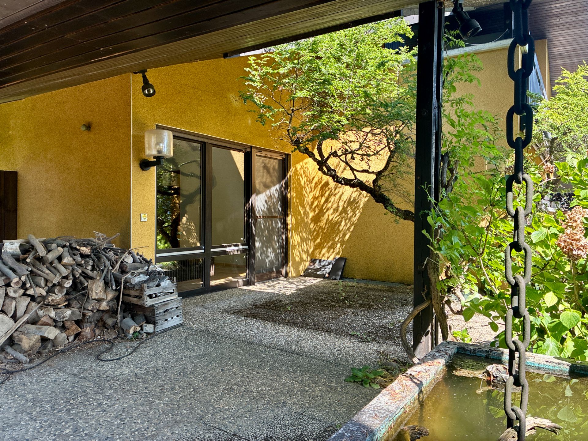 Überdachte Terrasse mit Holzstapel, gelber Wand, Baum und großem Fenster.