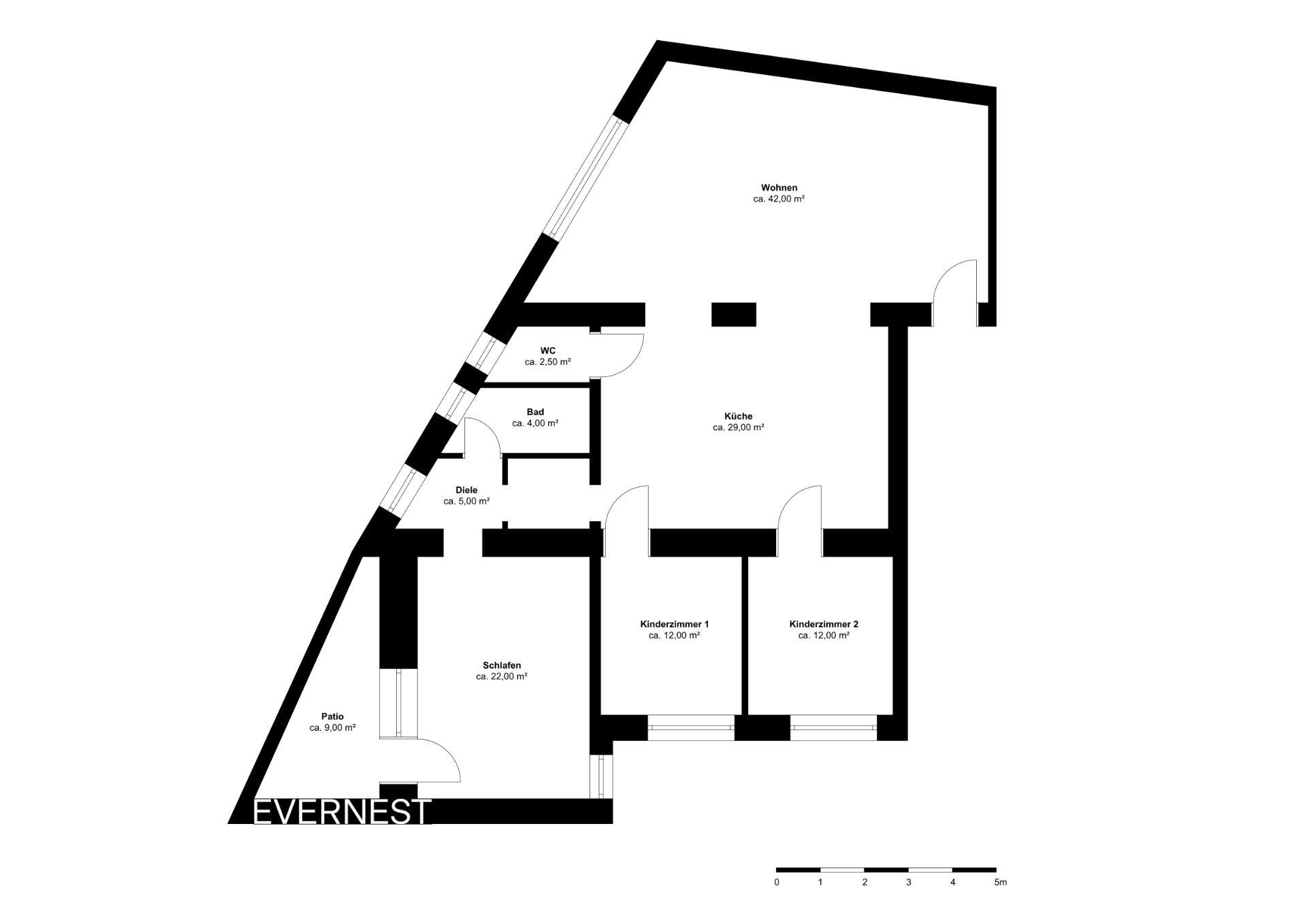 Grundriss einer Wohnung mit Wohnzimmer, Küche, Bad, WC, Schlafzimmer, Patio und zwei Kinderzimmern.