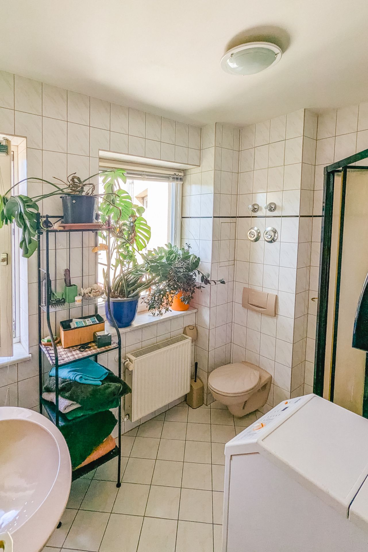 Helles Badezimmer mit Pflanzen, Regal, Waschmaschine, WC und Fenster.