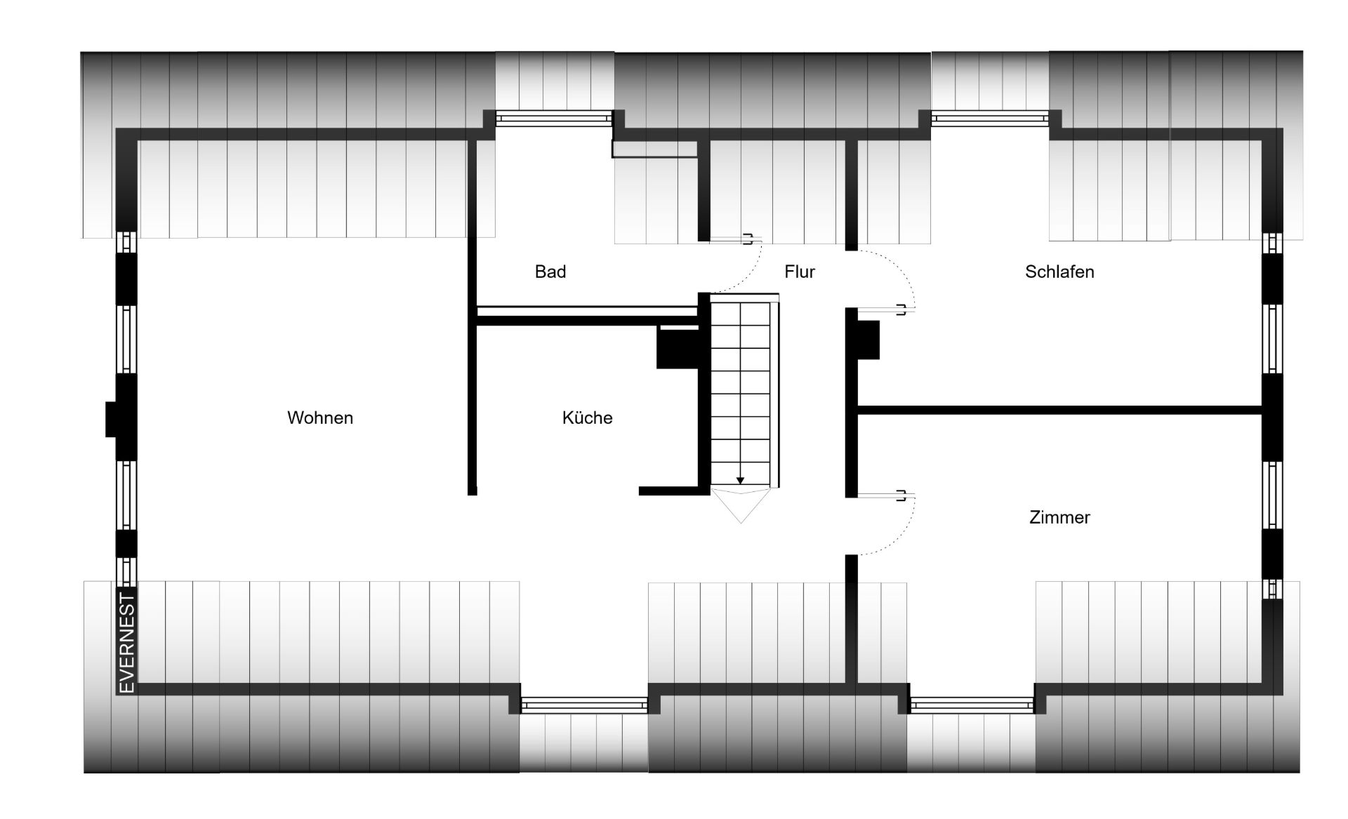 Schwarz-weißer Grundriss einer Wohnung mit Wohnzimmer, Küche, Bad, Schlafzimmer und Zimmer.