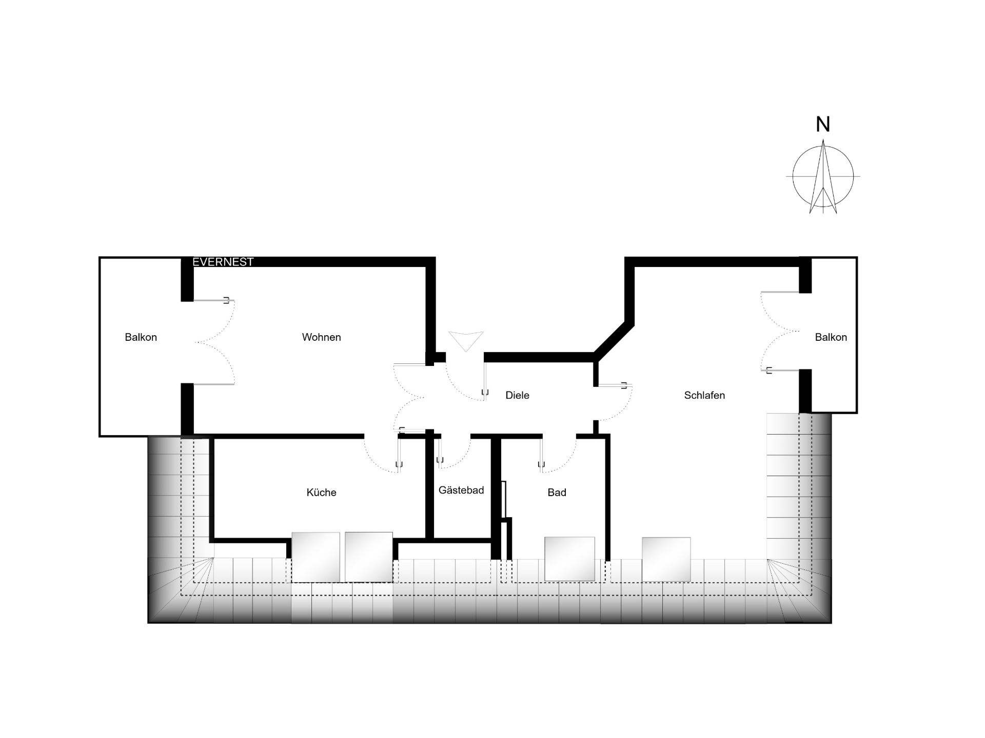 Grundriss einer Wohnung mit Wohnzimmer, Schlafzimmer, Küche, zwei Balkonen, Bad und Gäste-WC.