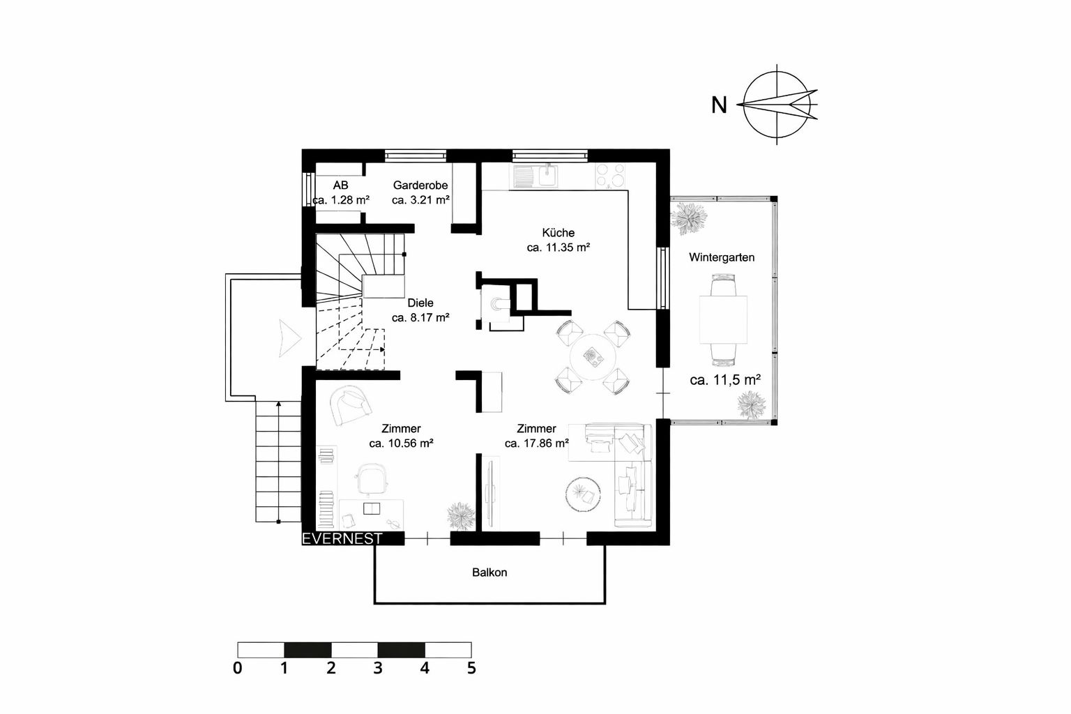 Grundriss einer Wohnung mit Küche, zwei Zimmern, Diele, Garderobe, Balkon und Wintergarten.