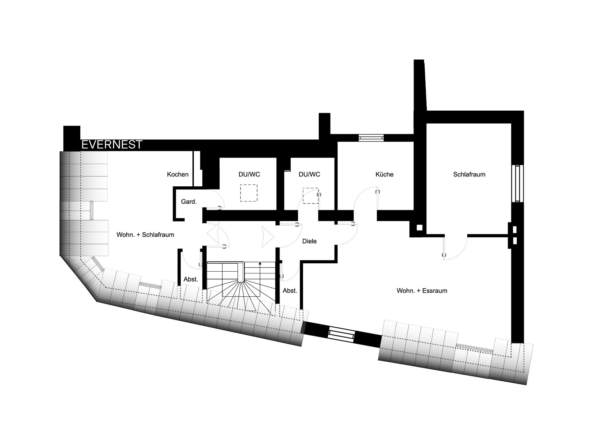 Grundriss einer Wohnung mit Wohn- und Essbereich, Küchen, Schlafzimmern und Bädern.