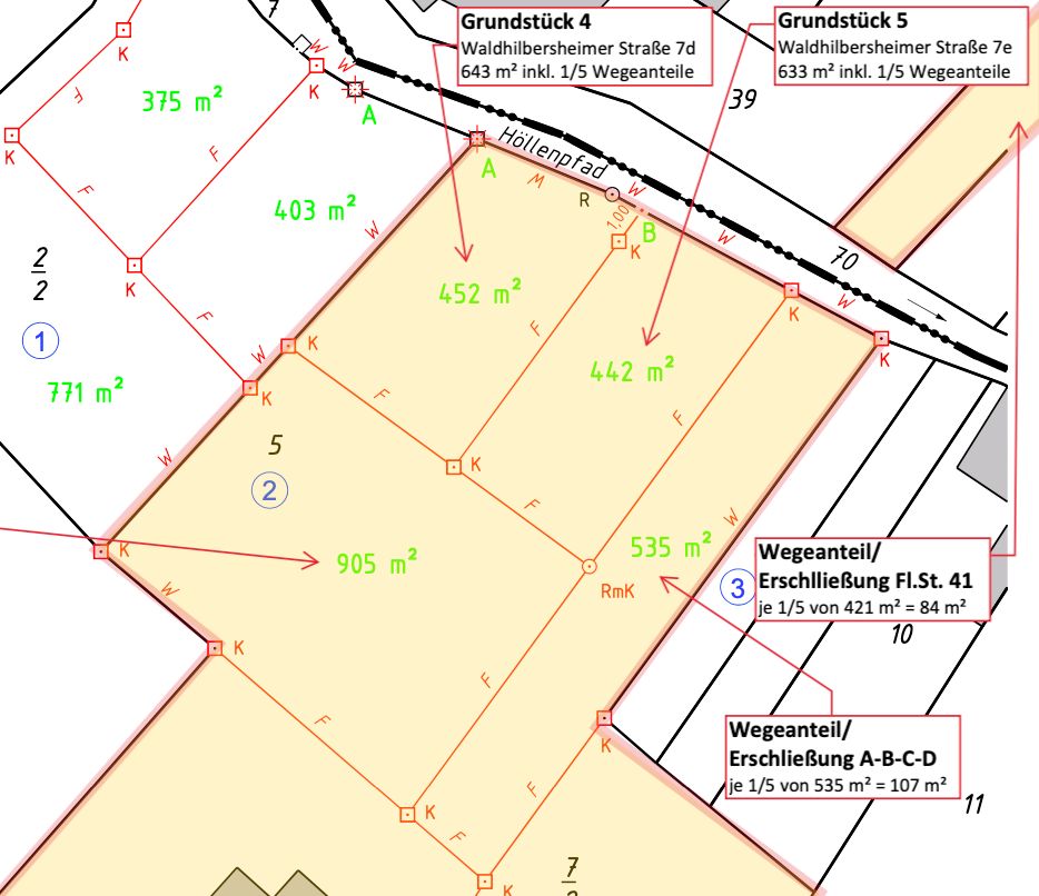 Bebauungsplan mit Grundstücksflächen in Quadratmetern und eingezeichneten Wegen.